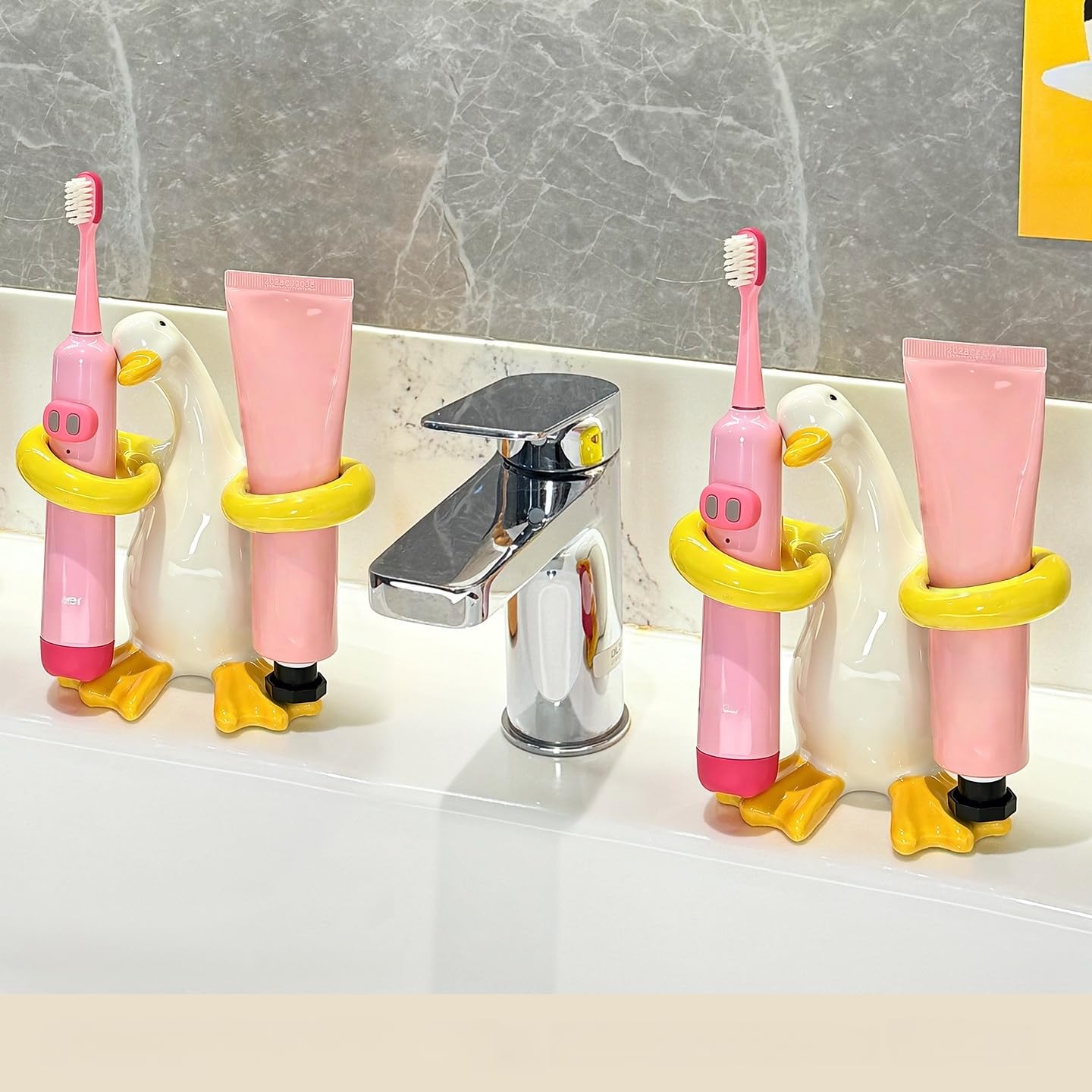 Ceramiczny uchwyt na szczoteczki do zębów, wzór kaczki, 2 szerokie otwory na szczoteczkę do zębów i pastę do zębów, stabilny do łazienki i umywalki (zestaw 4 szt.)
