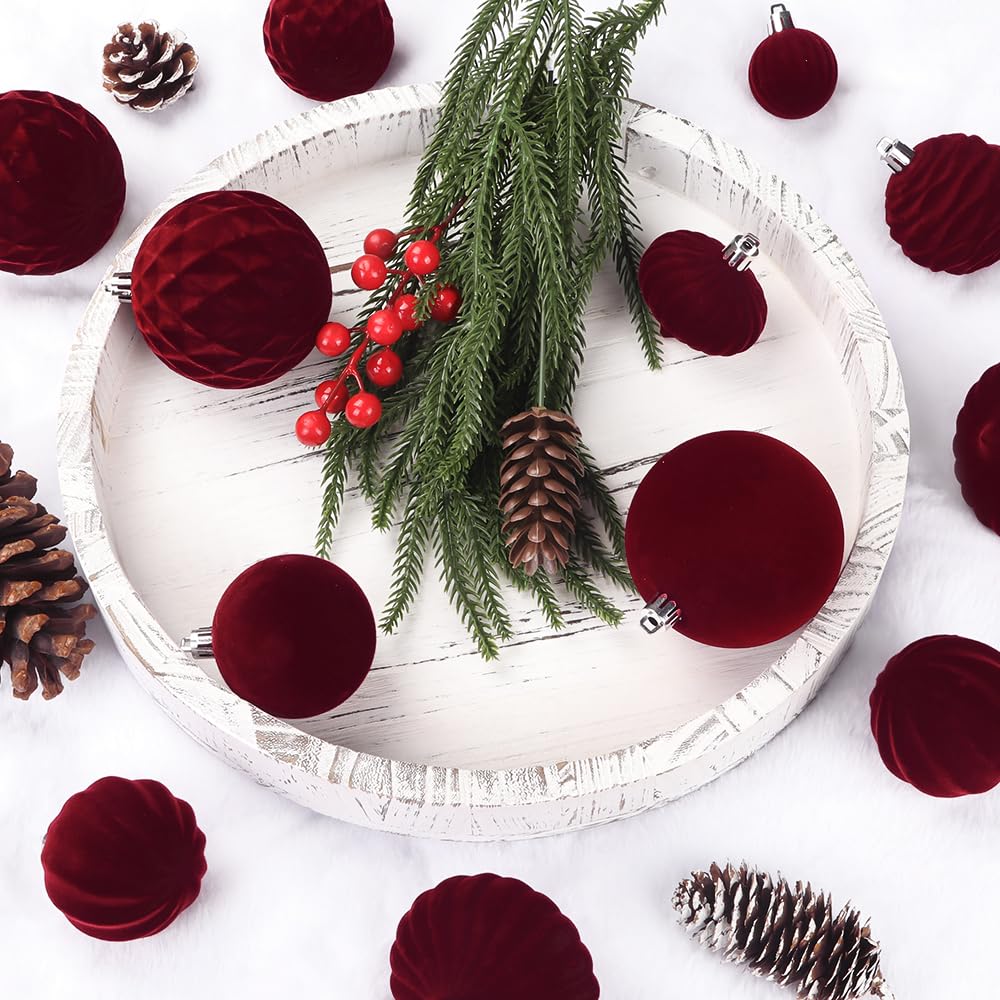XIMISHOP Lot de 28 boules de Noël en velours, boules rouges floquées incassables pour décoration de Noël, boules suspendues pour décoration de sapin de Noël et de maison pour les fêtes
