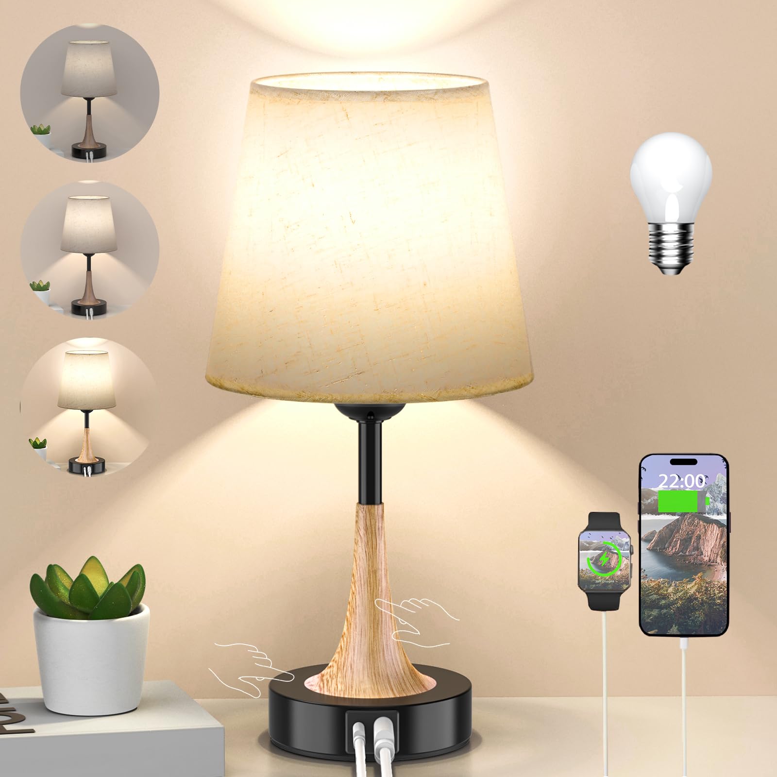 NestAura Lamparas de Mesita de Noche, Lámpara de Noche LED Regulable Táctil, 3 Brillo Ajustable, Lampara de Mesa con Puertos de Carga USB A+C, para Dormitorio, Sala de Estar, Habitación de Niños