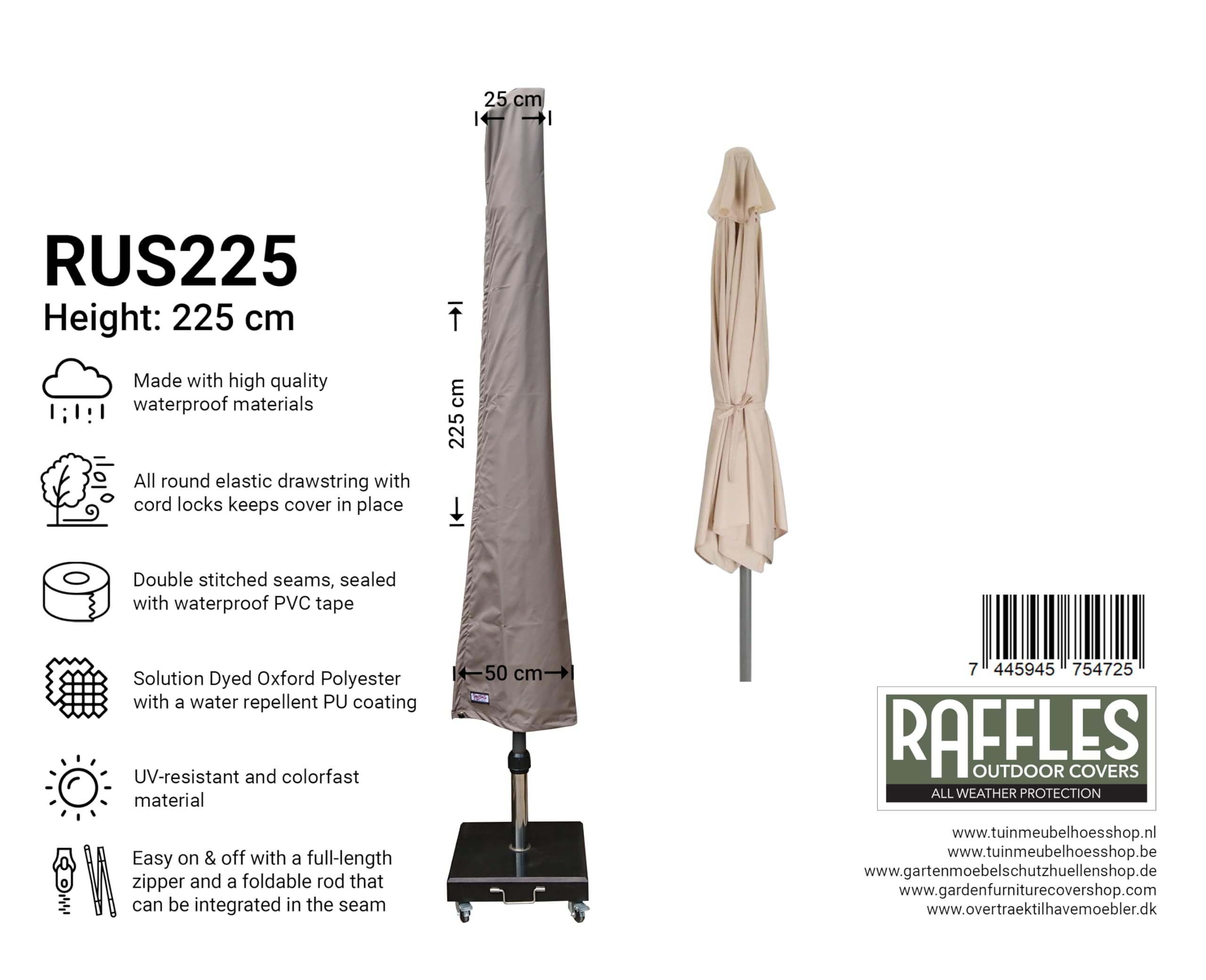 Schutzhülle für Sonnenschirm H: 225 cm | Atmungsaktiv | Wasserdicht | UV - beständig | Doppelt genähte, PU-versiegelte Naht | Inklusive Befestigungsstab |