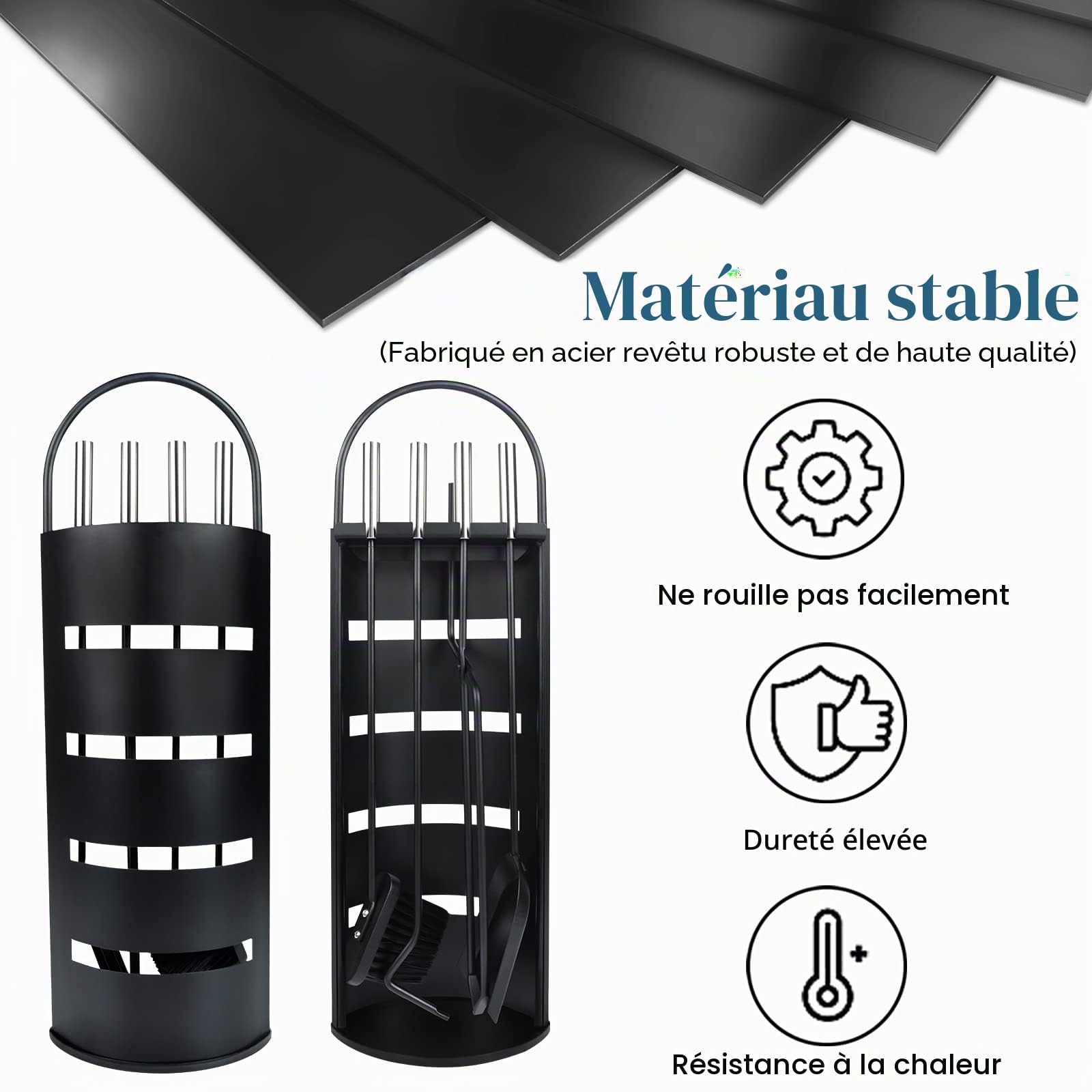 YUENFONG Ensembles d’Outils de Cheminée 5 pièces accessoire avec Seau, tisonnier, Pelle à Cendre, Balai & Pince, Moderne (Type A, noir)