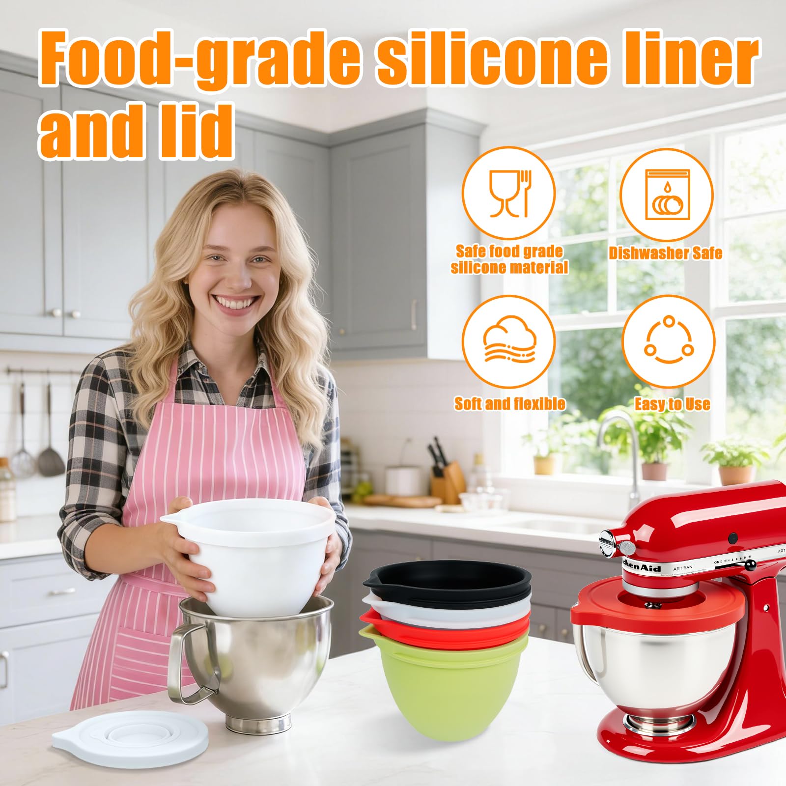 Silikonowe wkładki kompatybilne z miską miksera Kitchen Aid o pojemności 4,5-5 kwartału z uchylną głowicą, 2 pokrowce z pokrywkami (biały + zielony)