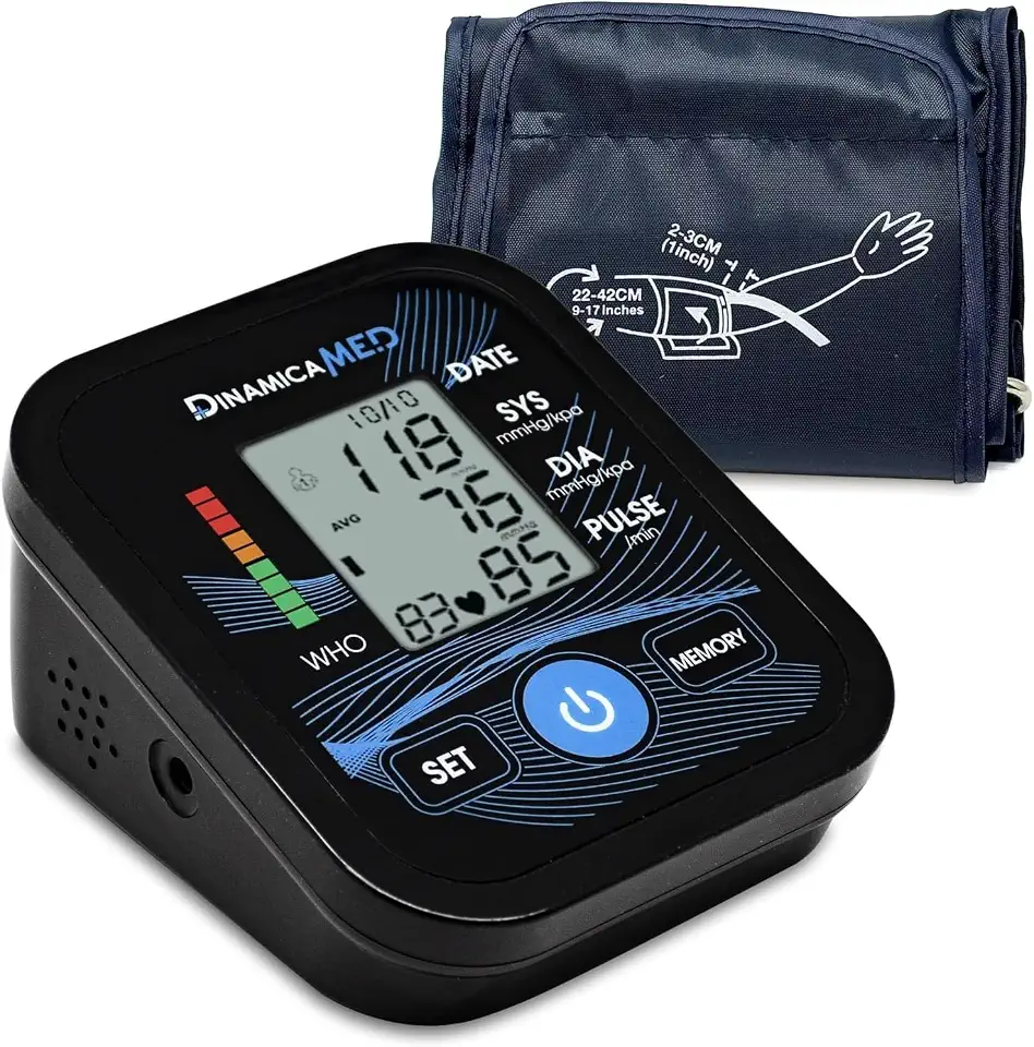 Dinamicamed - Digitales Blutdruckmessgerät Oberarm A139 mit großer Anzeige – Blutdruck und Pulsmessung, Arrhythmie Erkennung, 2 Benutzerprofile je 99 Speicherplätze, verstellbare Manschette 22–42 cm