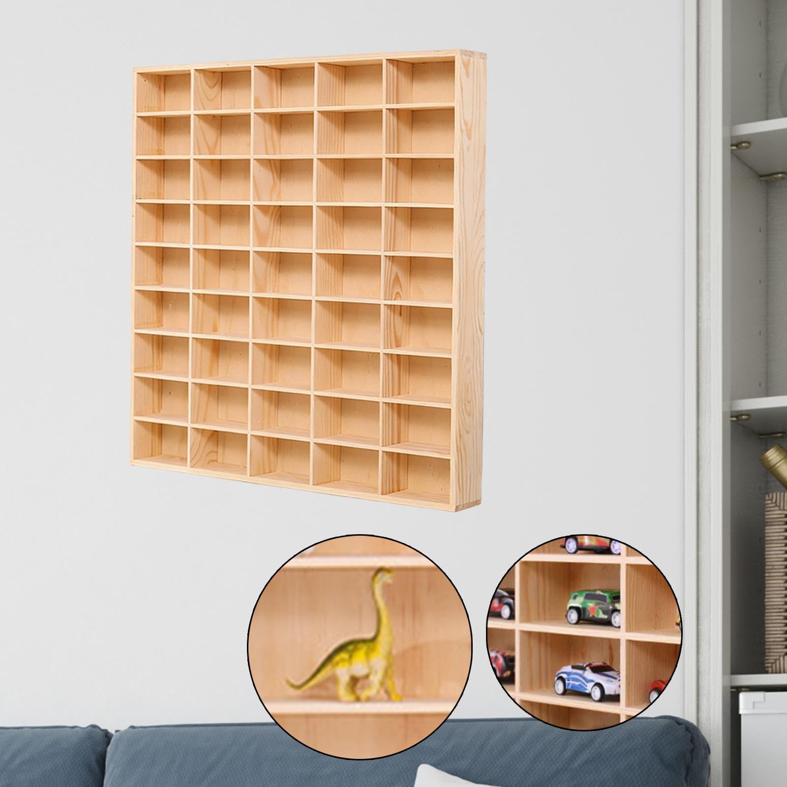 Holzregal für Modellautos mit Differenzierten Ablagen, Halterung für Actionfiguren, Miniatur Vitrinenschrank Zur Wandmontage, 58.6 cm X 58.6 cm X