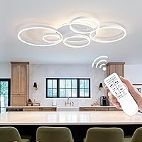 Vista 8 de O'NEELDY Modern LED Ceiling Light White Flush Mount Ceiling Lights Fixtures Dimmable 47" Dining Room Light Fixture with Remote 6 Rings Kitchen