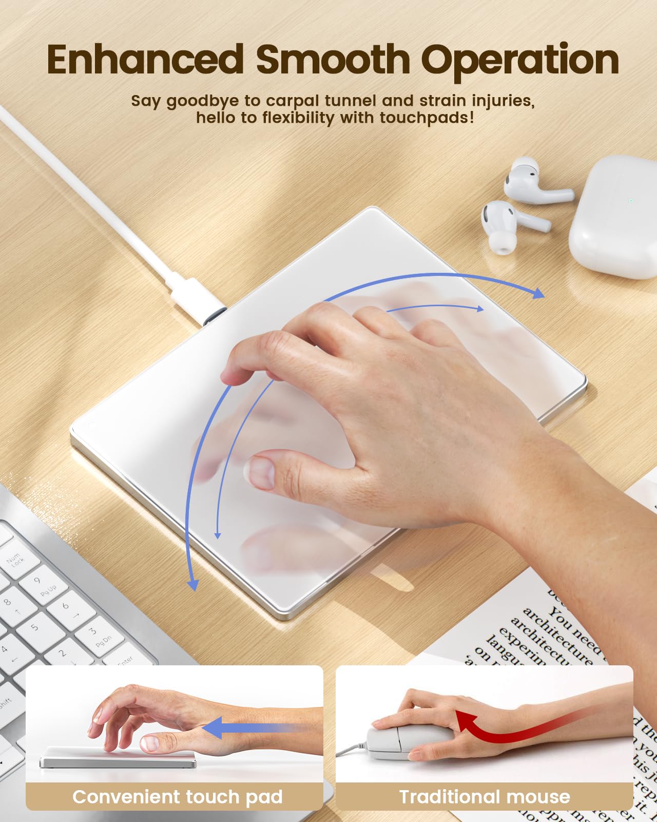 seenda Touchpad para Mac y Windows, Touchpad de Alta Precisión con Superficie de Vidrio y Base de Metal, Touchpad con Modo Doble con Cable para MacBook/PC/Portátil (Blanco)