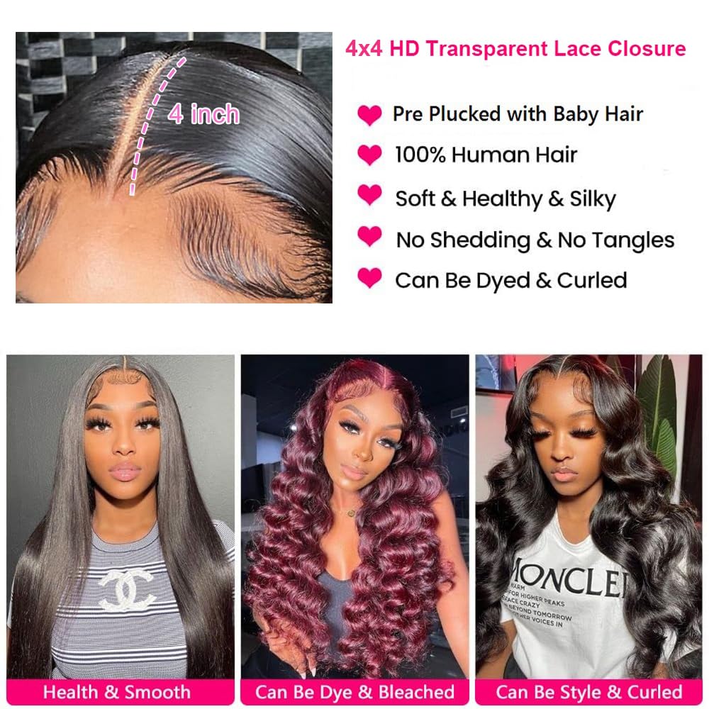 12A Straight Bundles with Closure Human Hair 16 18 20+14 Inch 100% Unprocessed Virgin Brazilian Straight Human Hair Weave 3 Bundles Deals with 4x4 HD Lace Closure