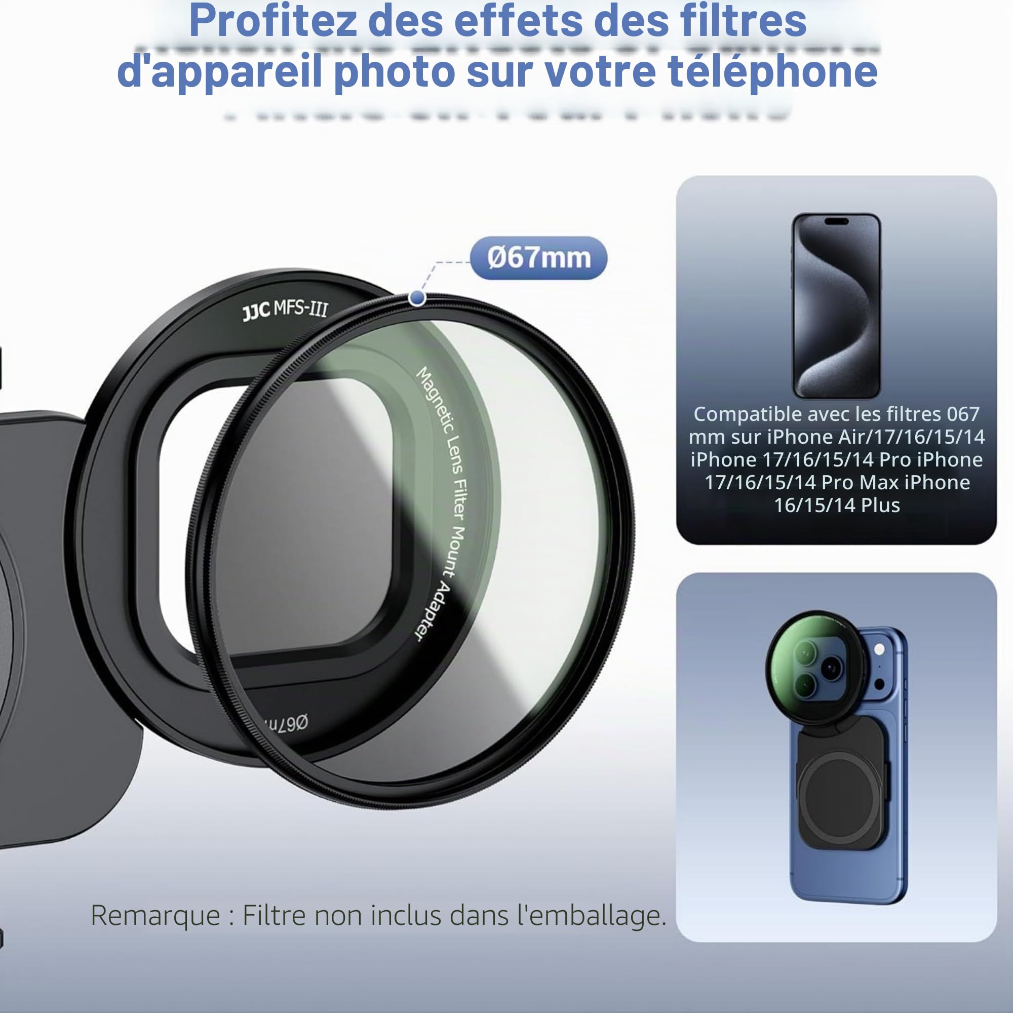 Adaptateur de filtre de téléphone 67 mm pour iPhone 17 16 15 14 Pro Max Plus Air - Bague de filtre magnétique double face avec objectif de téléphone 1/4-20" et griffe de flash (sans filtre)