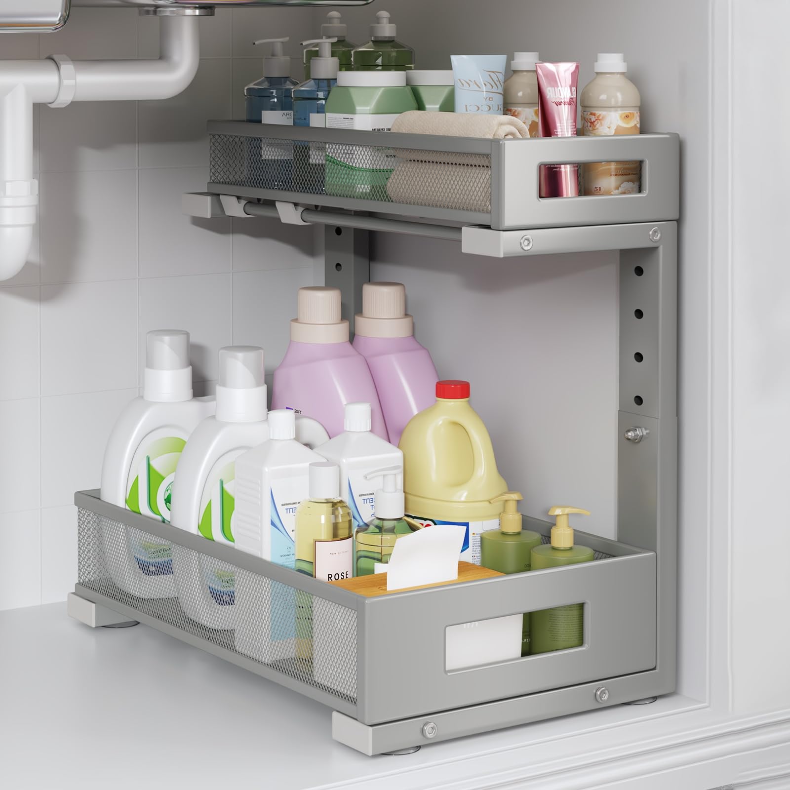 1 Pack-11.4"-16.14" H Under Sink Storage Organizer, Large 2-Tier Elegant Mesh Pull Out Shelf for Kitchen &amp; Bathroom Cabinet Organization, L-Shaped, Adjustable Height-Gun Gray