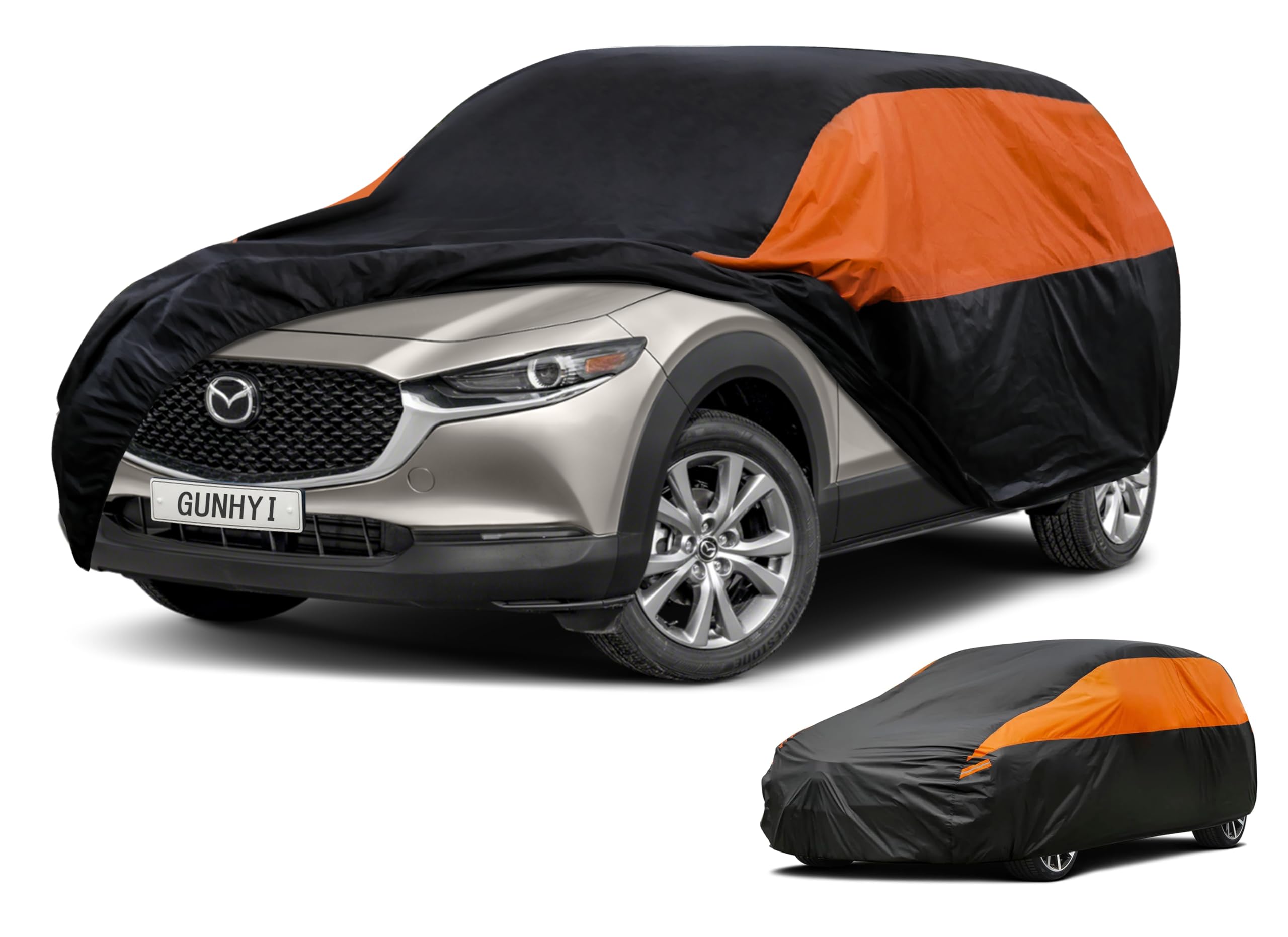 GUNHYI Waterproof SUV Full Car Cover Custom Fit Mazda CX30 CX-30 | All‑weather Outdoor sun/rain/dust/snow/wind/UV protection, breathable lightweight fabric, black‑orange design,storage bag