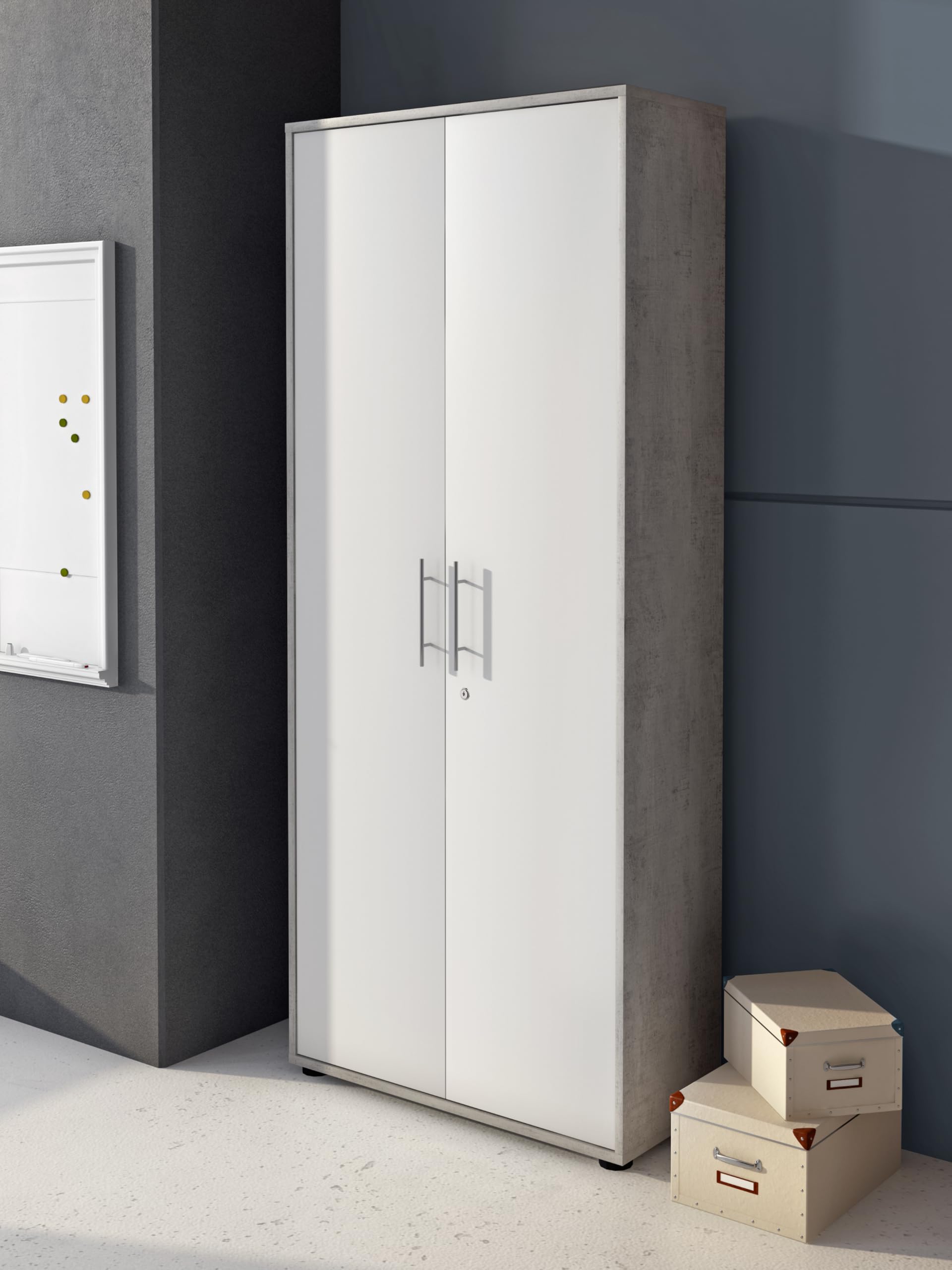 Bricozone Set Ufficio Moderno Completo In Cemento E Bianco Frassinato Con Scrivania Angolare Cassettiera Libreria E Armadi In Melaminico Antigraffio Arredo Professionale Per Home Office E Studi