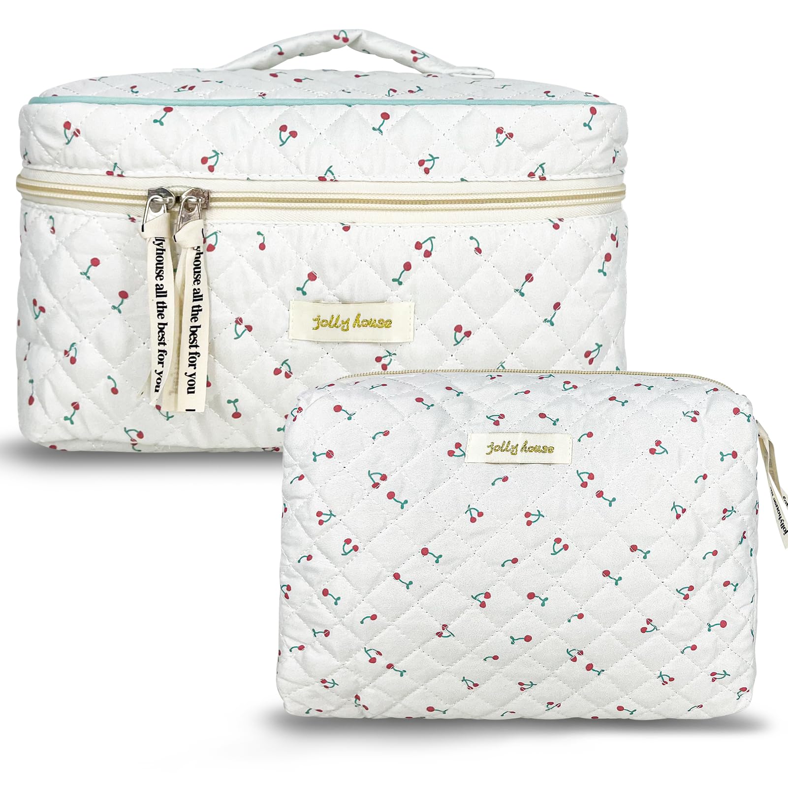TOPALL Floral Cotton Quilted Cosmetic Bag - Classic Toiletry Pouch for Women & Girls - Cherry 2PCS (Large+Medium)