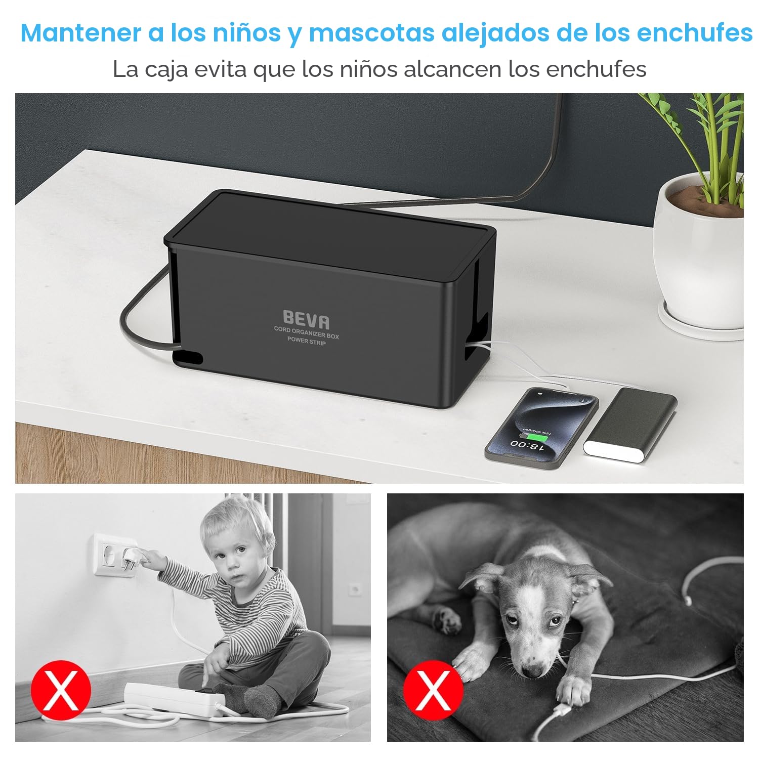 Regleta Enchufe con Caja Organizadora de Cables, BEVA Caja para Cables | Regleta Multiple con 3 USB-A y 1 USB-C, Regleta Protección Sobretensiones, 2M Cable, 3680W, Negro