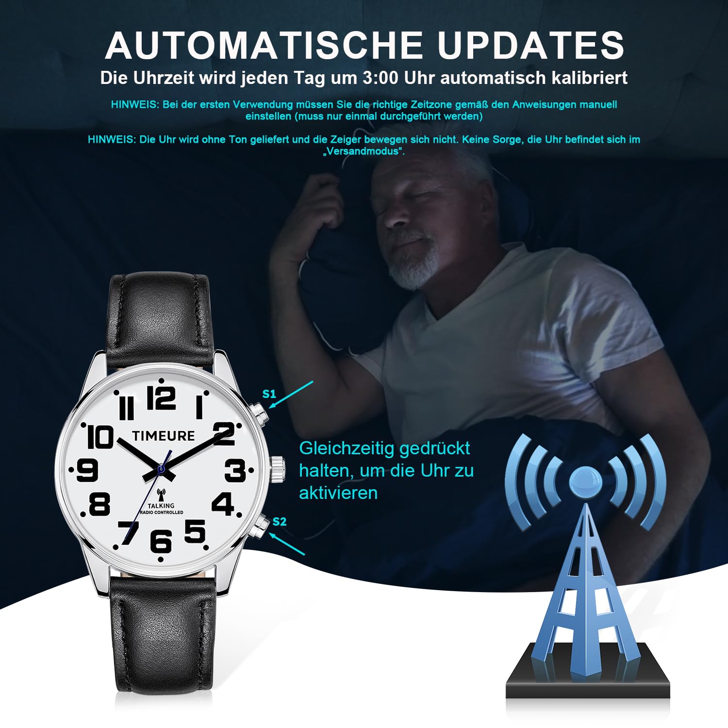 TIMEURE-2309M Sprechende Herren-Funkarmbanduhr mit Analoganzeige | Sprachansage von Uhrzeit und Datum. Automatische Zeitkalibrierung. Alarm und einstellbarer Stundenschlag.