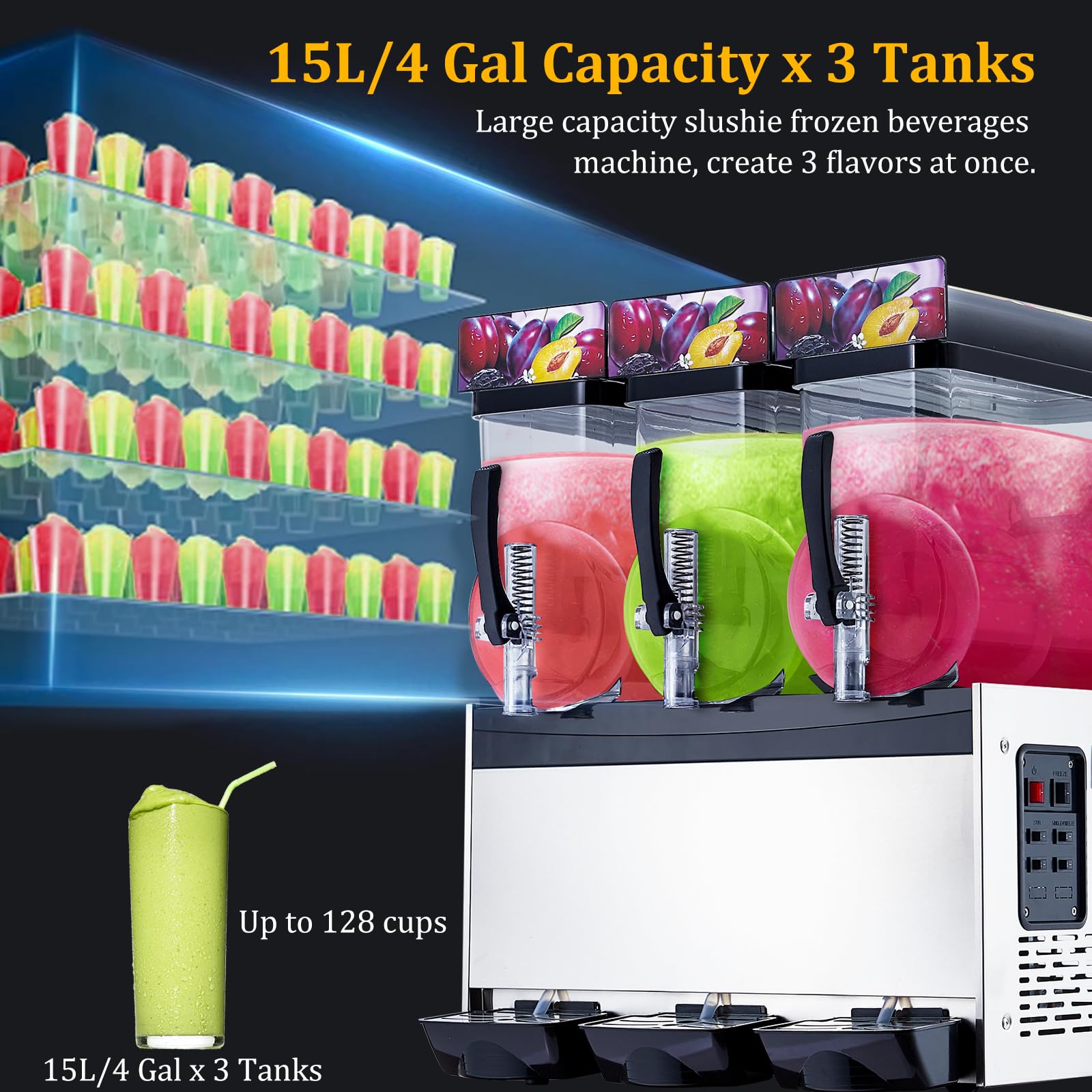 Commercial Slushy Machine 15Lx3 Tanks, Frozen Drink Maker for Margaritas, 128 Cups Slush Cocktail Drink, Smoothie Machine, Stainless Steel Slushy Machine for Bar & Party Slushie Maker, Black