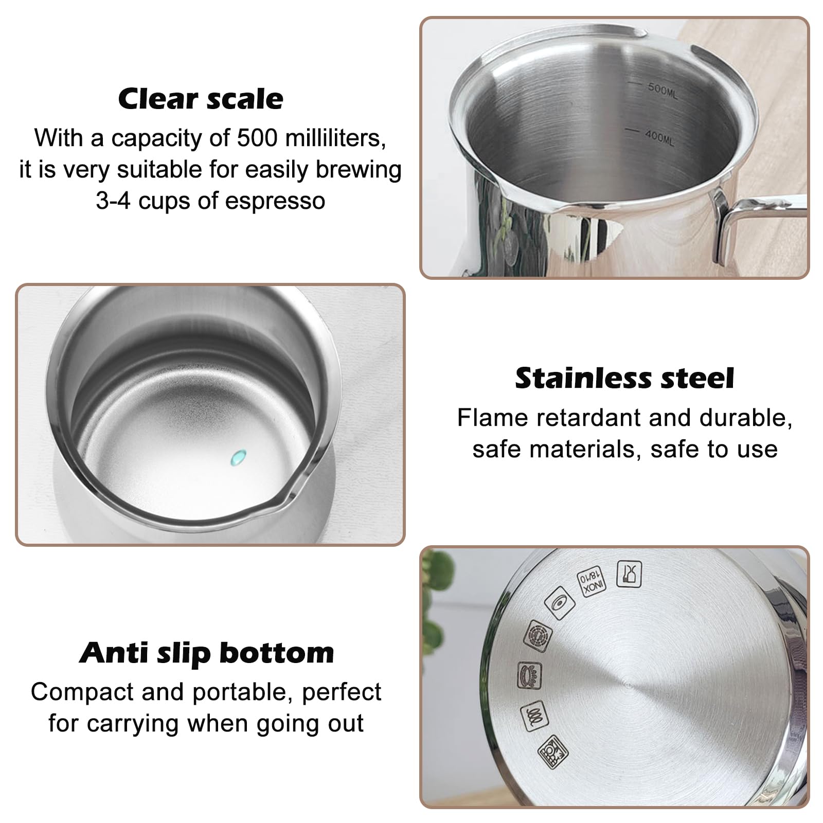 Cafetera Turca De Acero Inoxidable,500 ml Cafetera Turca Srabe,Calentador De Mantequilla Para Cafetera Moka Y Tetera,Hogar,Oficina,Viajes,Leche,Placa De Inducción