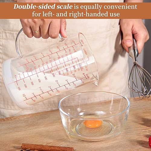 Miniatura 4 de Newness Taza medidora de vidrio con asa, 33.8 fl oz (1 litro, 4 tazas) taza medidora con tres escalas (OZ, taza, MLCC) y pico en forma de V, vaso de