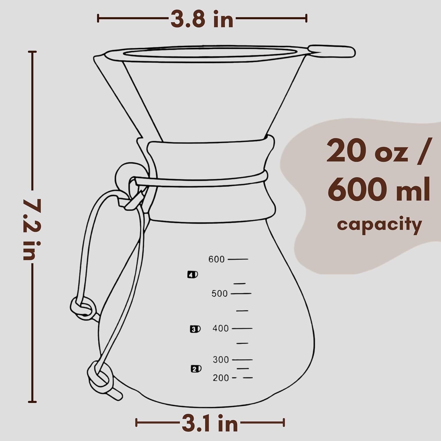 Pour over Borosilicate Glass Coffee maker with Stainless Steel Filter and Wooden Collar Holder, Coffee Carafe Brewer for Home & Camping
