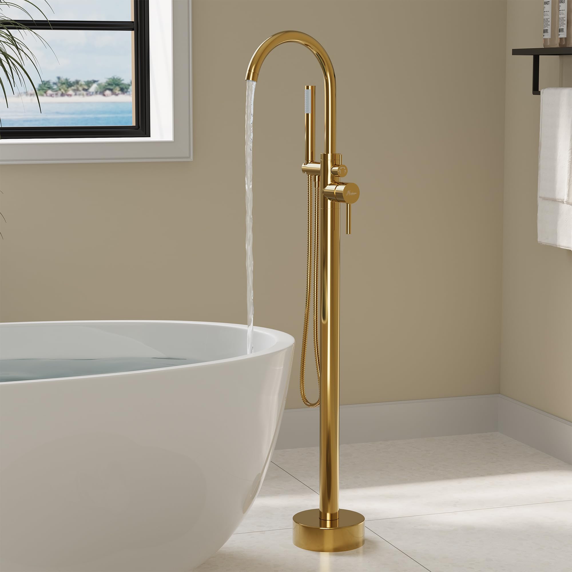Freestanding Bathtub Faucet, Floor Mount Bathtub Faucet with 2 Water Outlet Modes, Swivel Gooseneck Spout with Hand Shower, Brass Single Handle Tub filler, Max Flow Rate 7.4 GPM, Gold