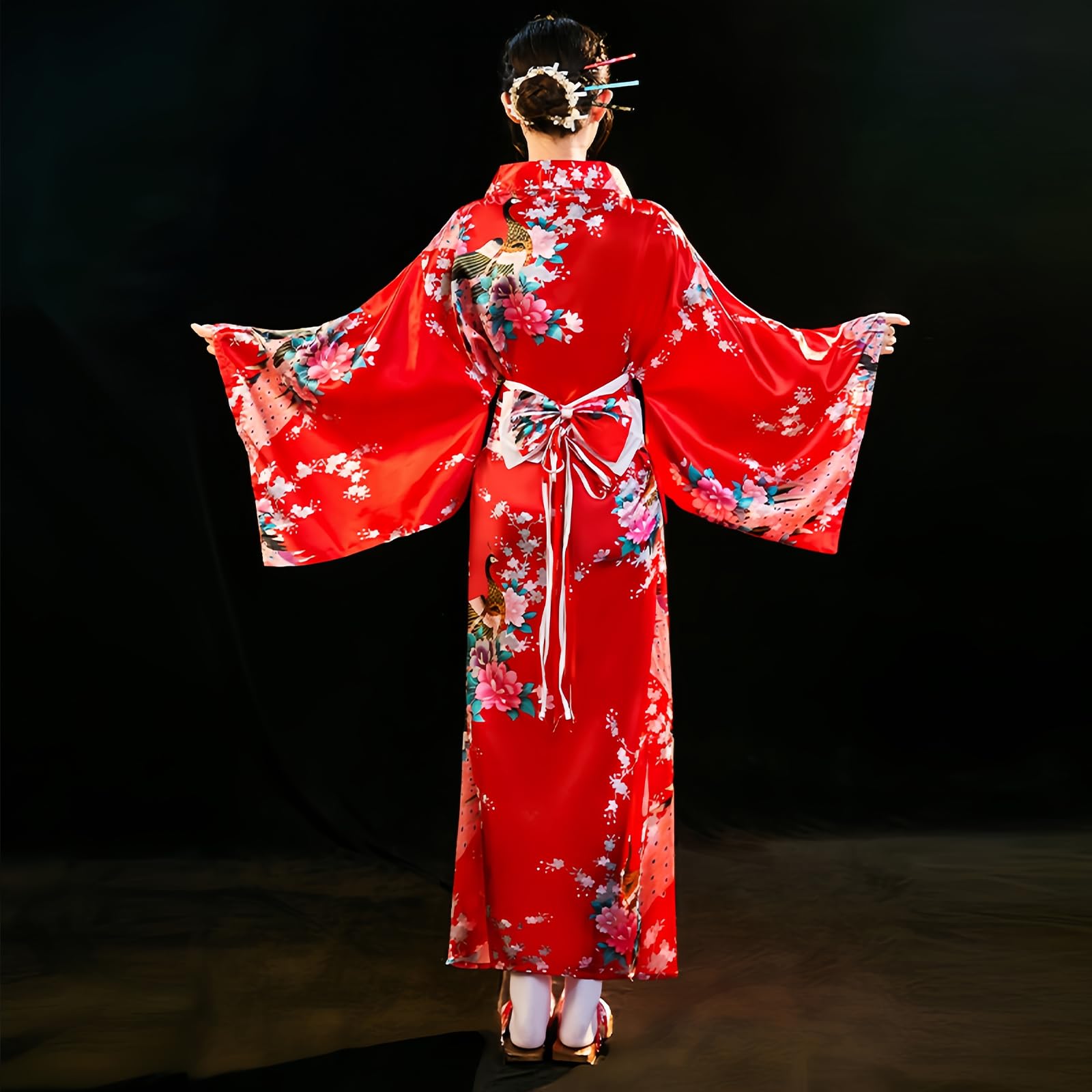 5 Piezas Kimono Set Tradicional Japonés para Mujer, Kimono Largo con Estampado de Pavo y Cinturón para Fotografía y Cosplay