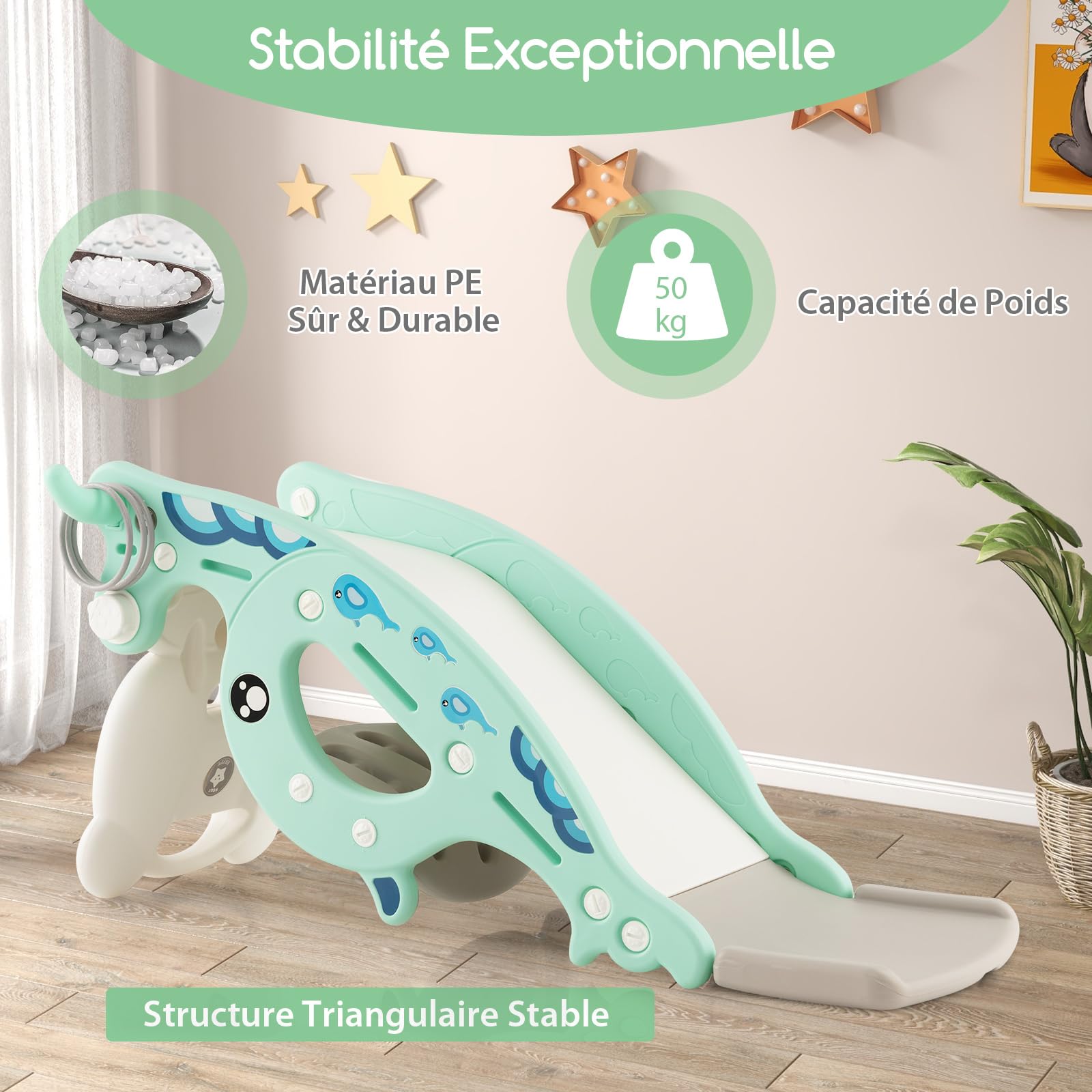 COSTWAY 4 en 1 Toboggan Enfants avec 3 Modes & Motif d'ours, Cheval à Bascule Intérieur Extérieur avec Panier de Basketball & Ballon, Charge 50kg pour Enfants de 3 Ans+, 93x65x46,5cm