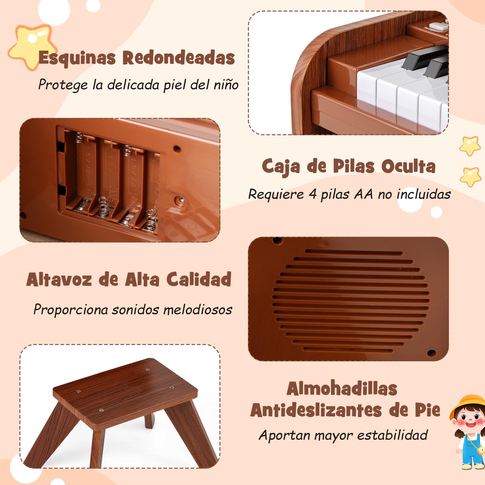 COSTWAY Piano Infantil de 25 Teclas con Taburete y Atril, Órgano Electrónico Niños con Velocidad y Volumen Ajustables, Modo de Enseñanza, Marco Madera, Instrumento Musical para Niños 3+ Años (Marrón)