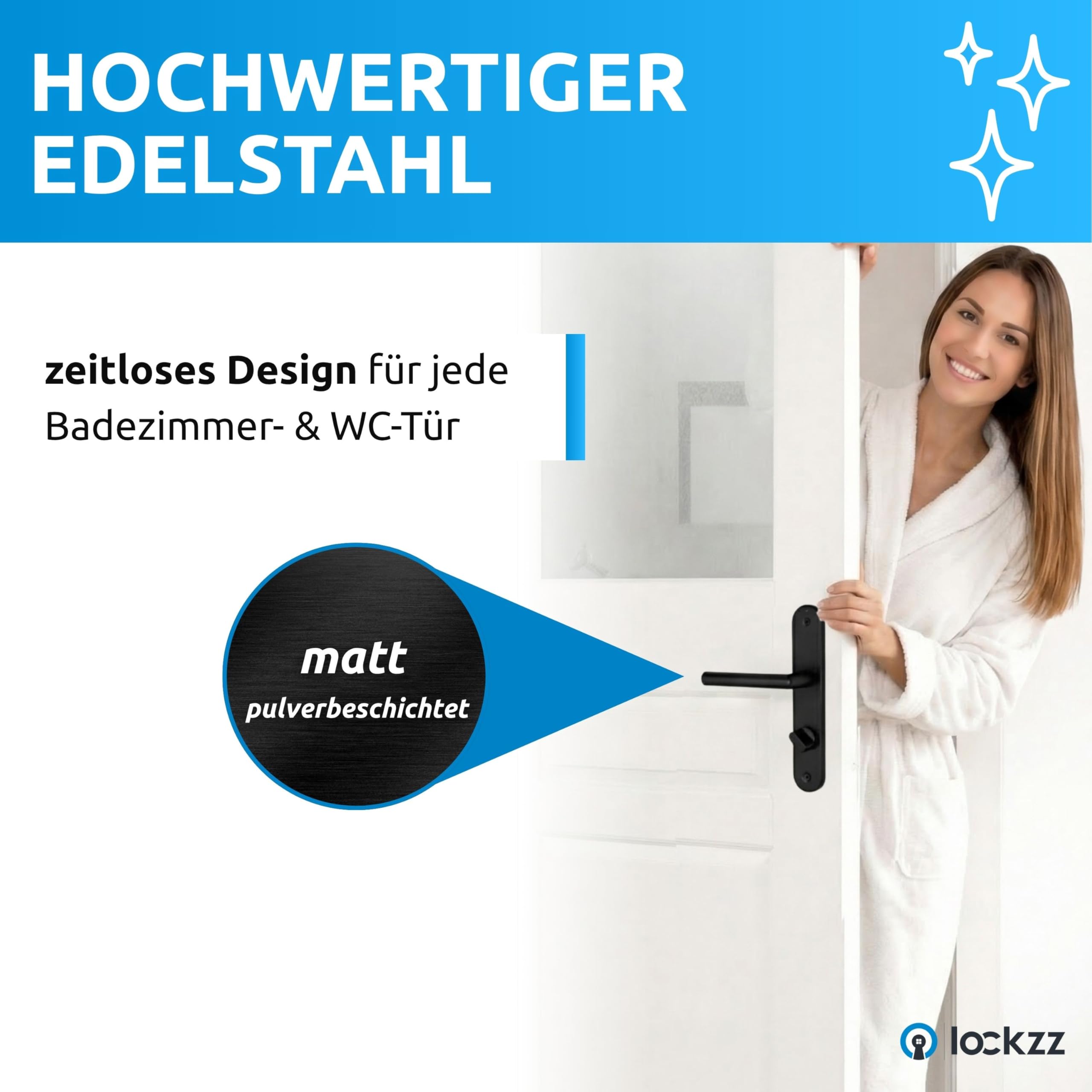 lockzz Türgriff Drückergarnitur Estenfeld Schwarz Matt – Badtürbeschlag Edelstahl L-Form für Badezimmertüren & WC – WC-Verriegelung inkl. Hochhaltefeder – Kompaktes Langschild Türdrücker Set