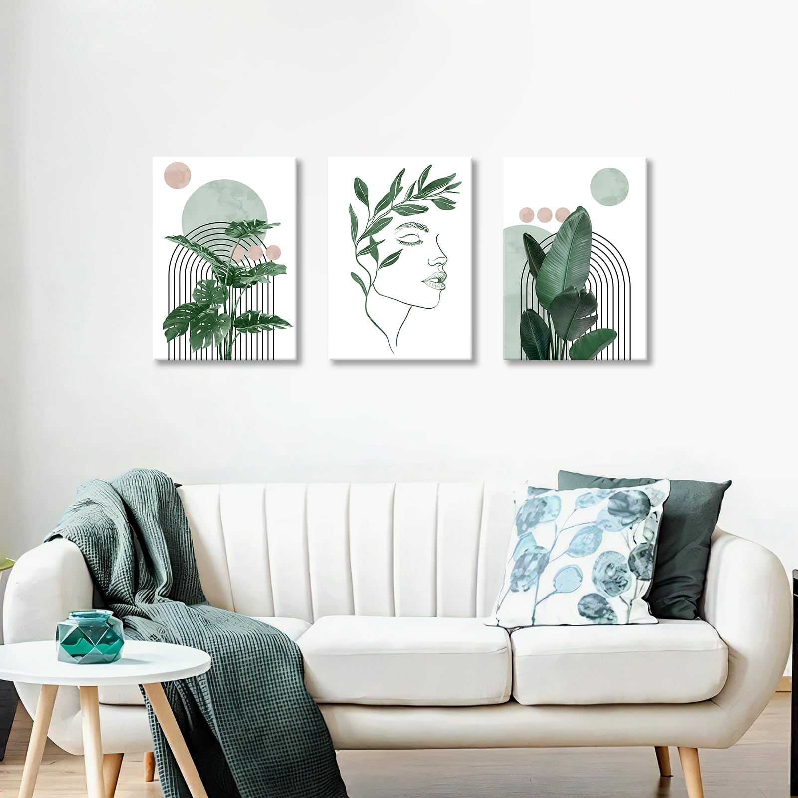 3 Pcs Wooden Framed Canvas Wall Art Set Bohemian Sage Green Canvas Prints Poster Geometric Line Beige Green Pictures for Living Room Bedroom Dinning Room Hallway Stairs Wall Decor 30x40cm x3pcs — view 348
