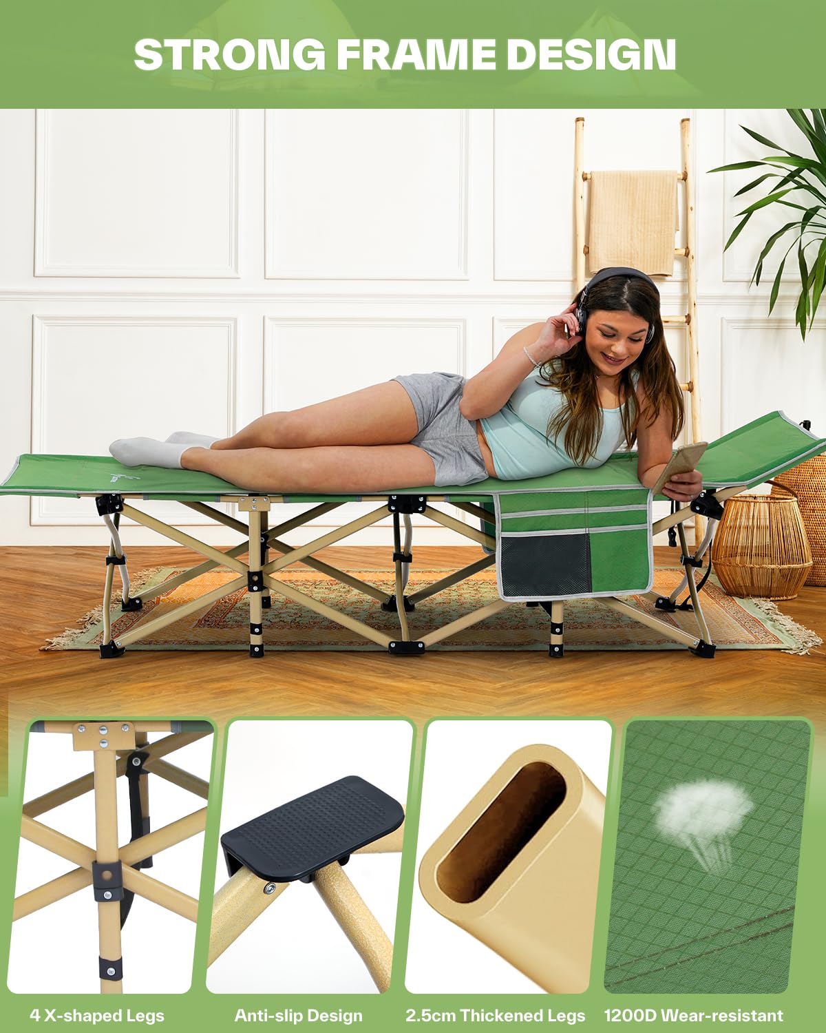 Sportneer Lit de Camping Extra Large de 188 x 71,1 cm pour Adultes avec Poche latérale, Support de lit de pêche de 204,1 kg, Lits de Camping pour l'extérieur, Voyage, lit de Camp Pliable pour