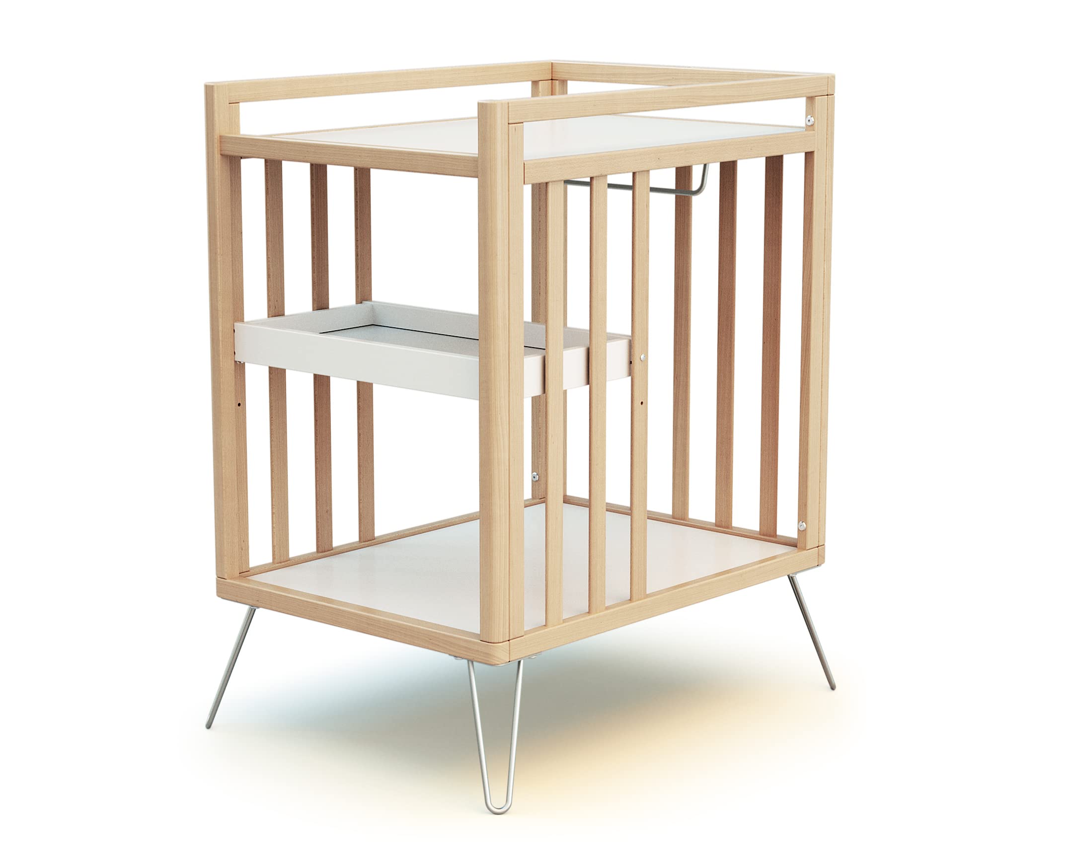 Przewijak z 2 drewnianymi półkami TYLKO Stal| 76 x 56 x 94 cm | Z tacą, półką i szafą | Kompaktowy | Stabilny na stalowych nogach