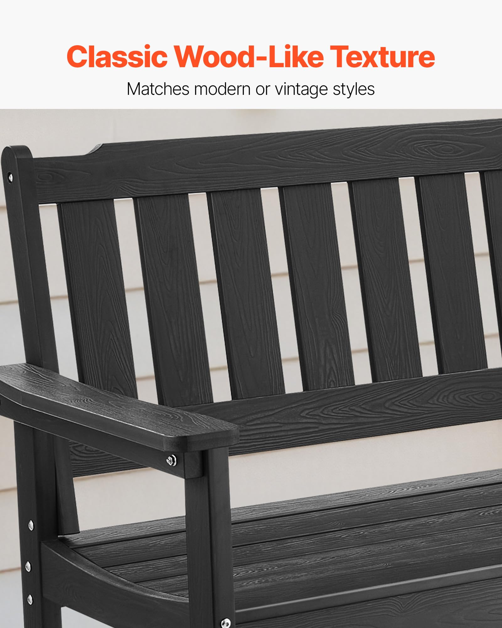 VEVOR Panca da Giardino, Panca da Esterno in Plastica Lunghezza 128 cm Capacità di Carico da 363 kg, Sedia per Esterno con Schienale Braccioli per Cortile, Parco, Giardino, Nero