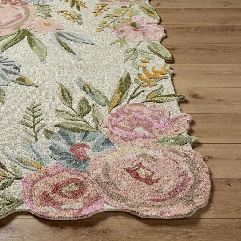 10x14 Ft Hand Tufted Wool Area Rug, Vintage Floral Border Multicolor Botanical Design on Ivory Base, Premium Handmade Carpet for Living Room Bedroom Home Décor