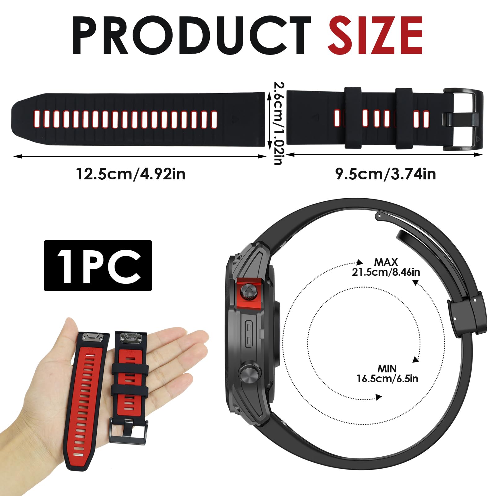 For Garmin Fenix 7x 6x Pro Strap 26mm Silicone Quick Fit Watch Strap for Garmin Fenix 8 51mm/Fenix 7X Pro/Fenix 7X/Fenix 6X/Fenix 6X Pro/Fenix 5X/Fenix 5X Plus Sport Wristbands (Black & Red - Image 2