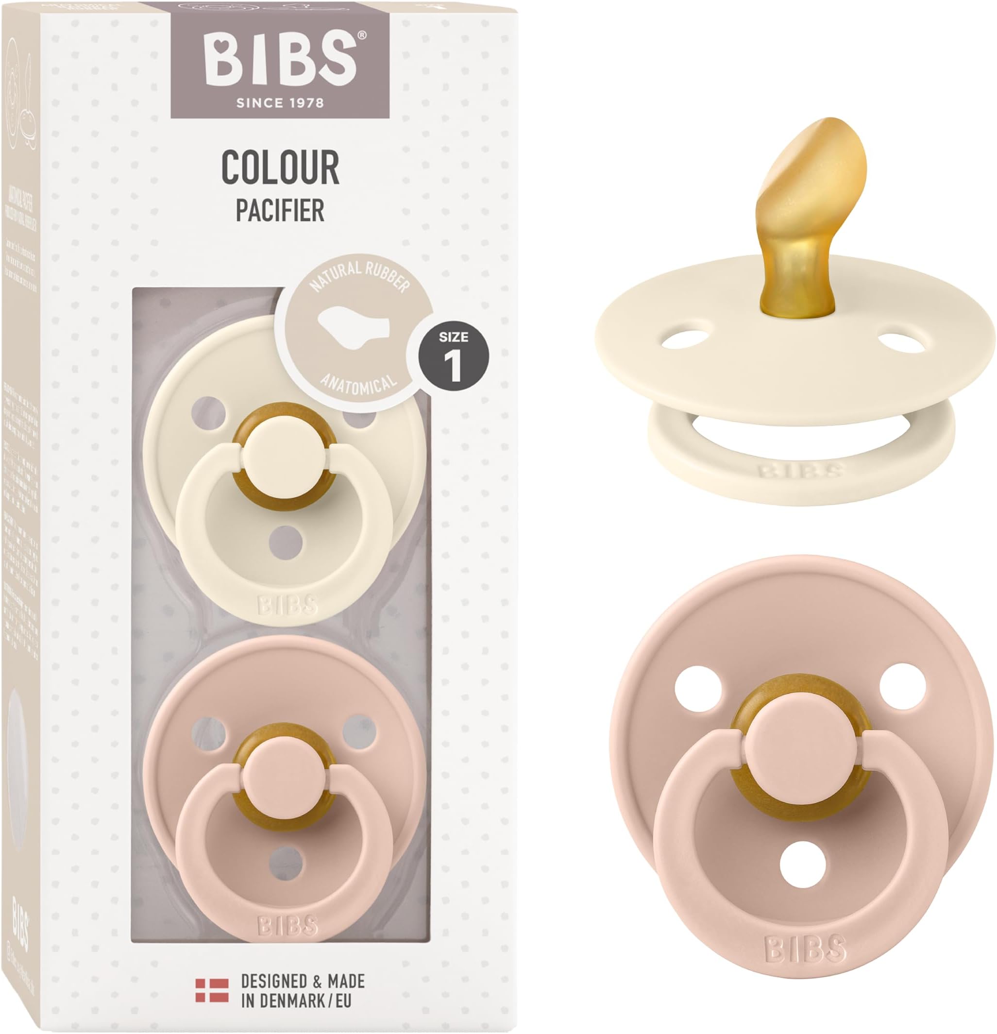 Colour Anatomical Soother 2-Pack, BPA Free Dummy Pacifier, Orthodontic Nipple. Natural Rubber Latex, Made in Denmark. 0-6 Months (Pack of 2), Ivory/Blush