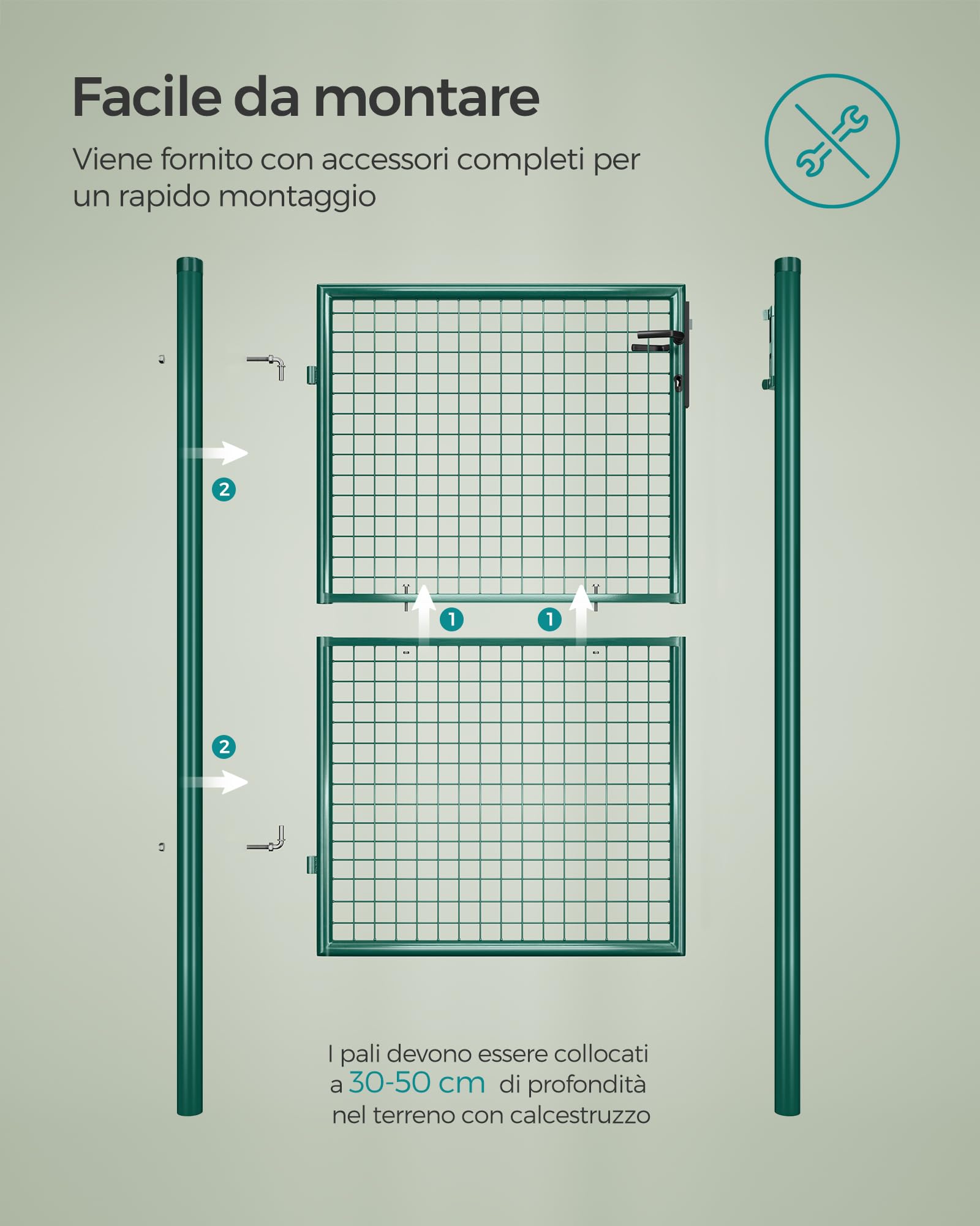 SONGMICS Cancello da Giardino, Cancelletto da Giardino, Acciaio Zincato con Serratura, Porta di 106 x 150 cm (L x H), Tubo Tondo, Cancello per Recinzione, Verde GGD200G