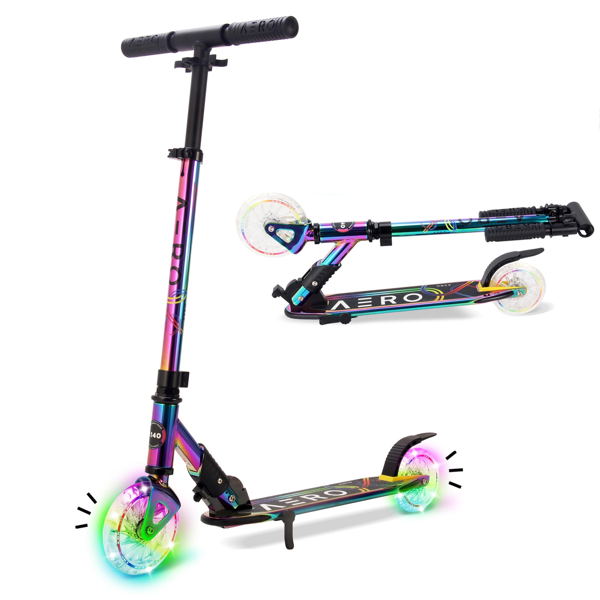 aero scooter for kids 5-12 | dynamic lights, hand brake & shock absorption | boys girls 2 wheels kick scooter | foldable & height adjustable