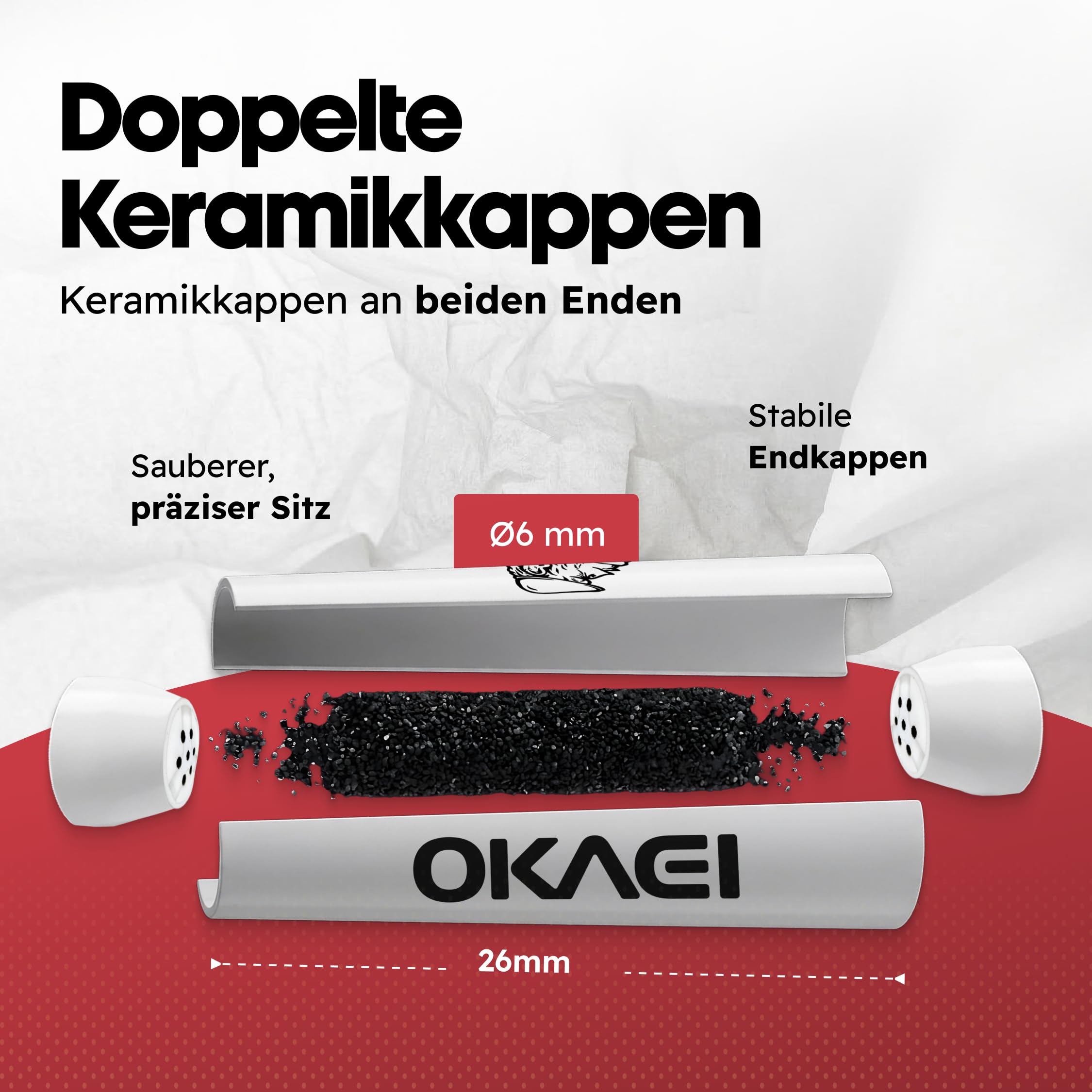 OKAEI Filtro ai carboni attivi da 6 mm – 50 pezzi – Filtro Slim con carbone attivo in guscio di cocco – con tappi in ceramica – Lunghezza 26 mm