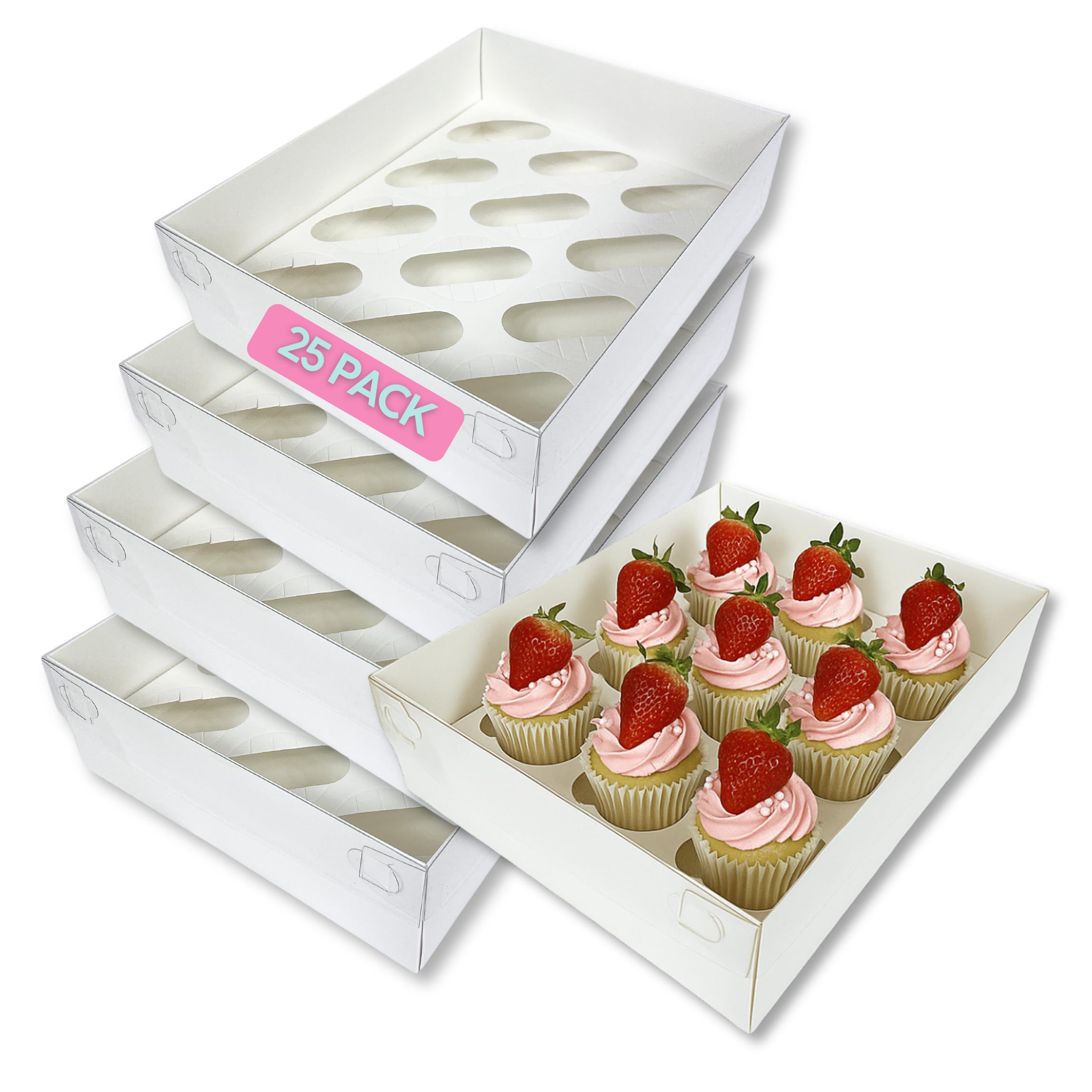 Edible Print Supplies 25 x Extra-Tall Cupcake Boxes With Full Clear Display Lid and Inserts - Plain Matte White (12-Hole)