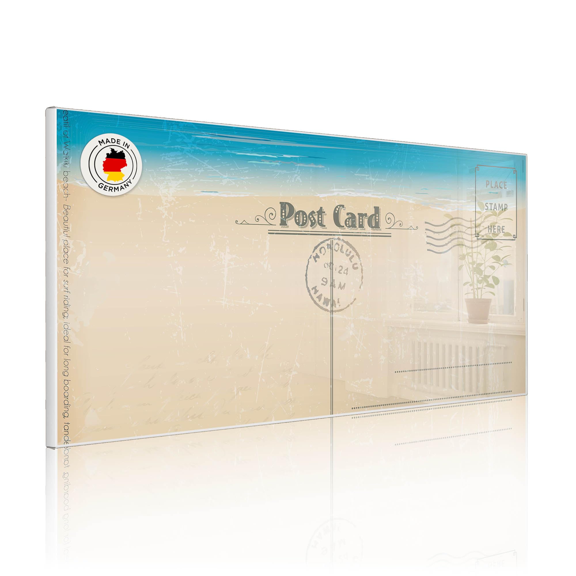 banjado Magnettafel Metall 78 x 37cm - beschreibbare Magnettafel - Metall Pinnwand als Memoboard - Magnetwand Küche, Büro, Kinderzimmer Weiß inkl. 4 Magnete & Montageset - Motiv Postkarte