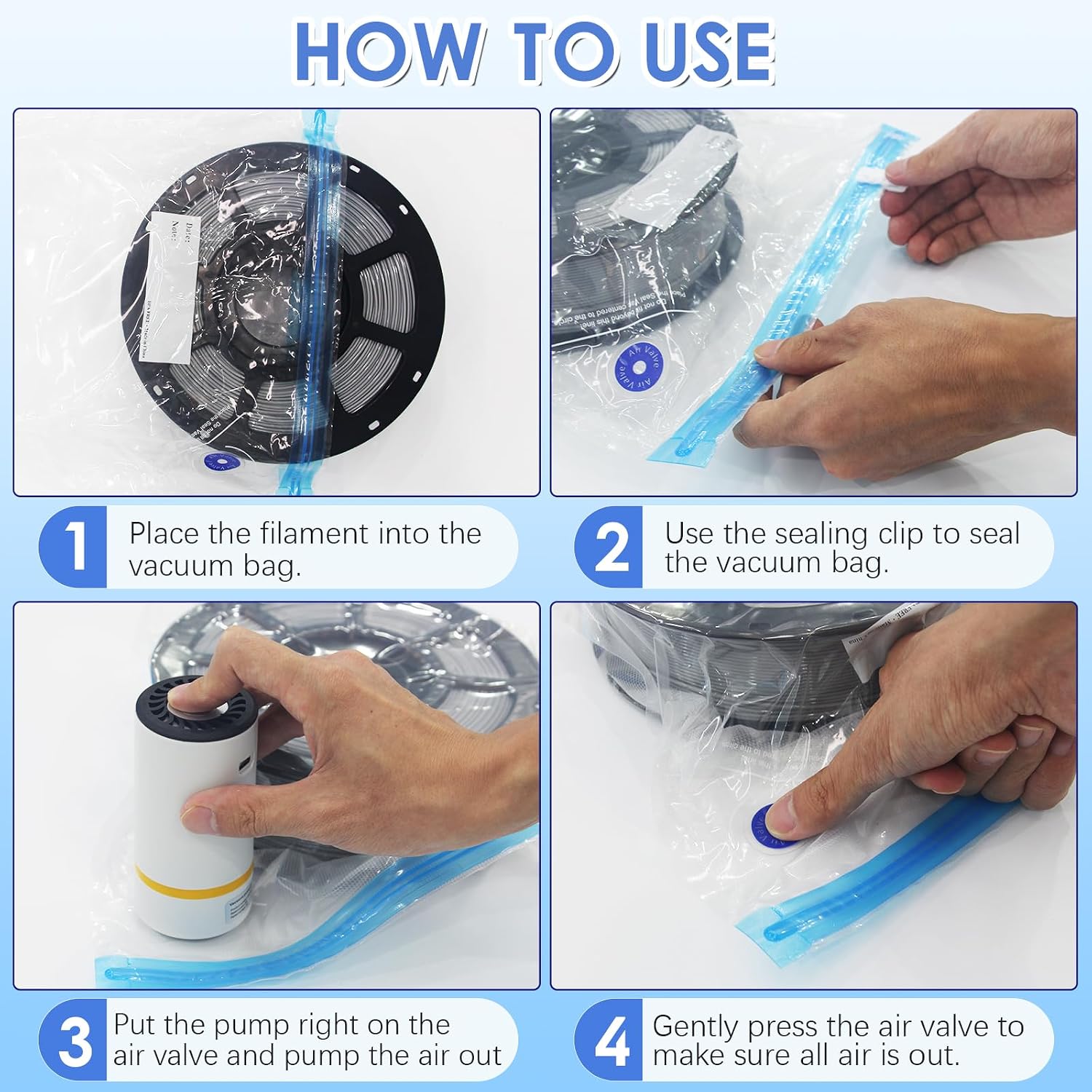 50PCS Filament Storage Bags Kit with Automatic Pump & Hand Pump - Vacuum Sealed 3D Printer Filament Storage Bags with 50 Drying Bags Packs for 0.5KG-1KG Spools, Keep Filament Dry(11.8 x 13.4）