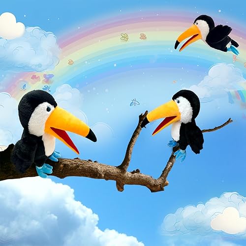 Miniatura 4 de Marioneta de mano de tucán de 13.8 pulgadas, títeres de animales de peluche de tucán para niños con boca móvil, juguetes de peluche multicolor,
