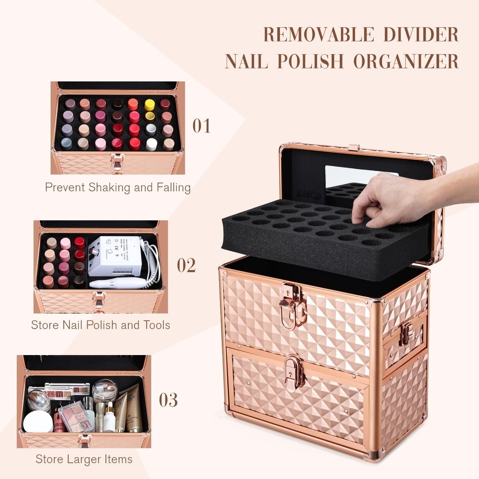 Organizer Do Przechowywania Pudełko Na Kosmetyki Do Paznokci Z Szufladą I Przegrodą Zamykane Klucz Stolik Toaletowy(Rose gold)