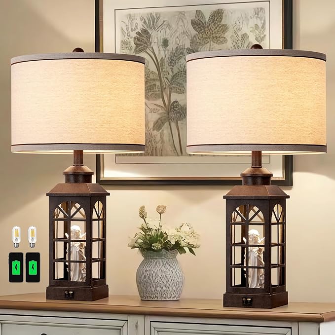 RORIANO RORIANO 25" Set of 2 Retro Farmhouse Table Lamps for Living Room Bedroom Nightstand Bedside Nightlight Vintage Modern Lamp with USB C+A Ports and 2 Light Sources photo 5