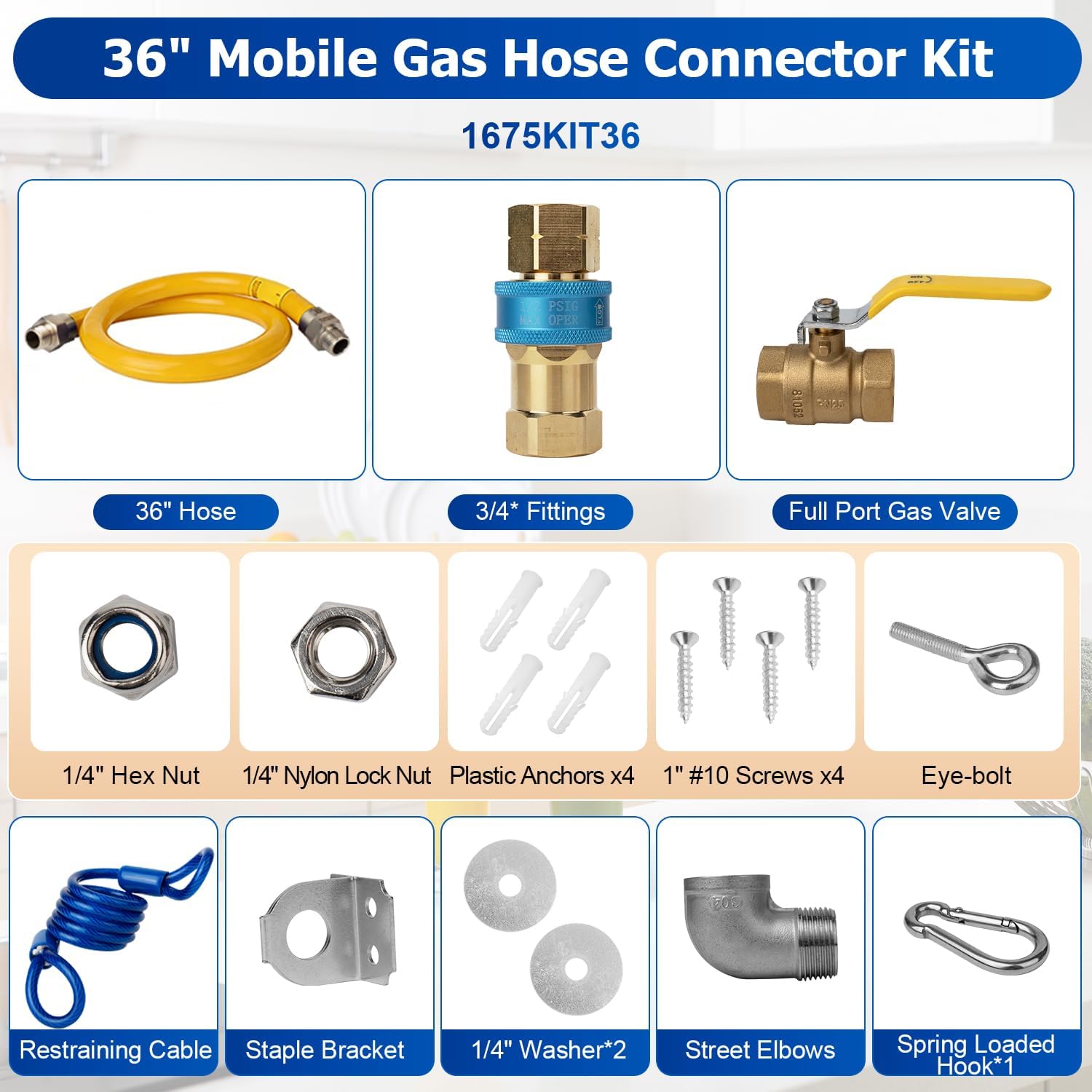3/4" x 36" Flexible Gas Hose Kit 1675KIT36 for Commercial Kitchen, Flex Gas Line Quick Connect with Safety Features Built In, Mobile Gas Connector Safety System Kit for Cleaning Move Appliances