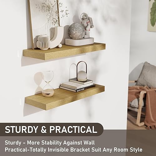 Vista 4 de Estantes flotantes para pared, juego de 2 estantes flotantes de 24 pulgadas, estante de madera rústica montado en la pared para baño, sala de estar