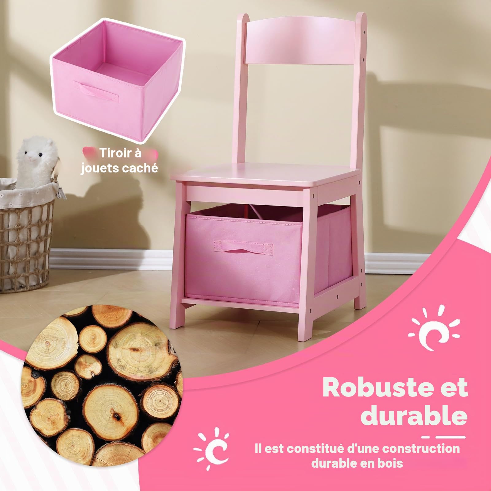 JOYLDIAS Bureau pour Enfant en Bois avec Chaise, Table d'apprentissage Multifonction avec étagères et Rangement (Rose)