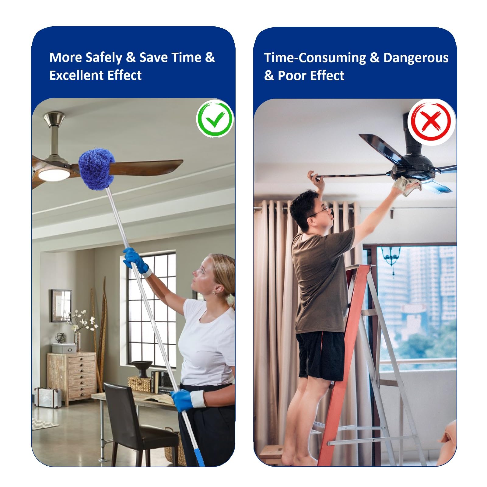 SLIIMU MAX 66 Pulgadas Limpiador de Ventilador de Techo Plumero Reutilizable de Microfibra Limpiador de Cuchillas de Ventilador de Techo Plumero extraíble con Barra de extensión para Limpiar Paredes,