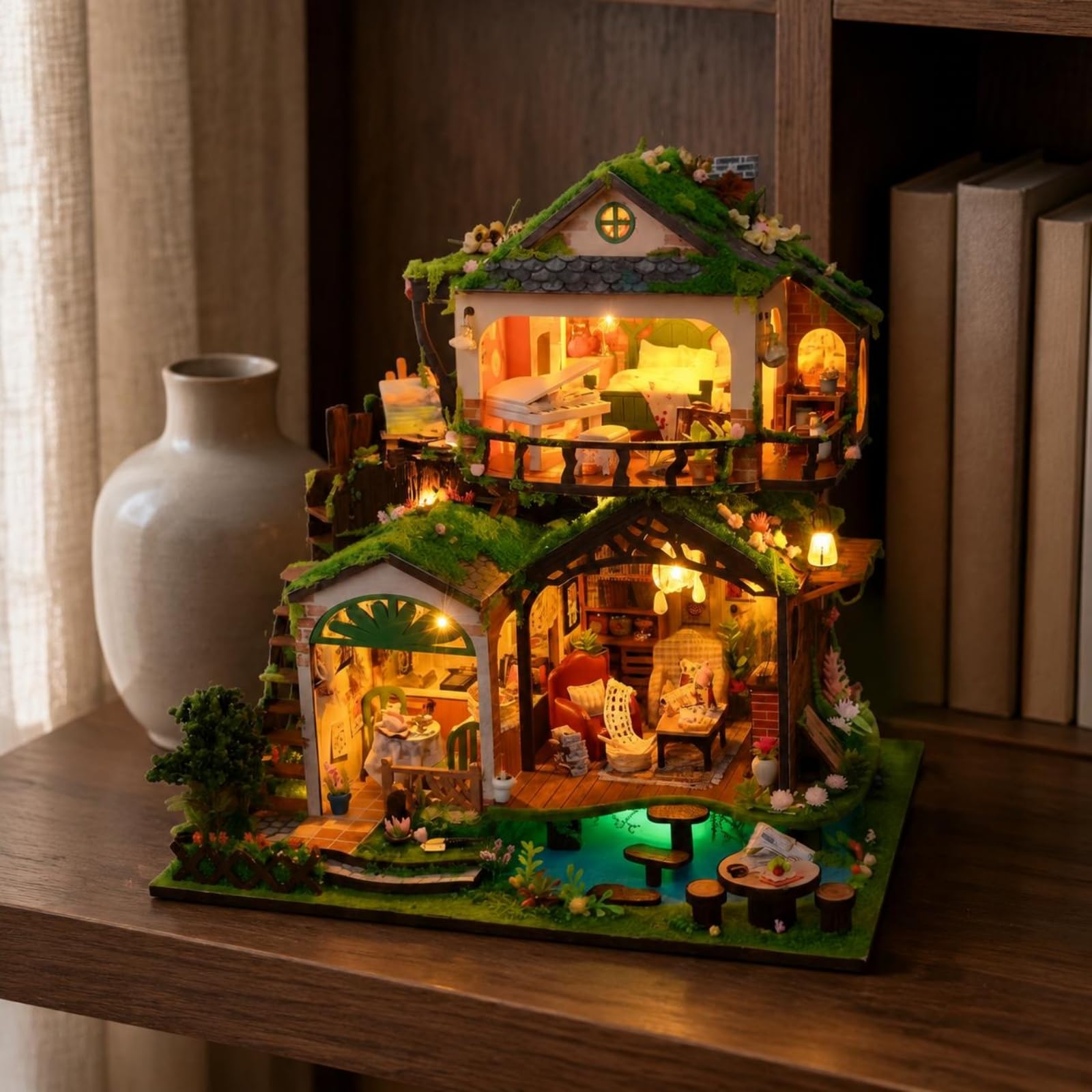 Kinder Lernpuzzle Miniaturhaus Bausatz Modellhaus Bastelset Holzpuzzle Spielzeug mit Beleuchtung Und Szenerie für Kinderzimmer Spielbereich Schreibtisch