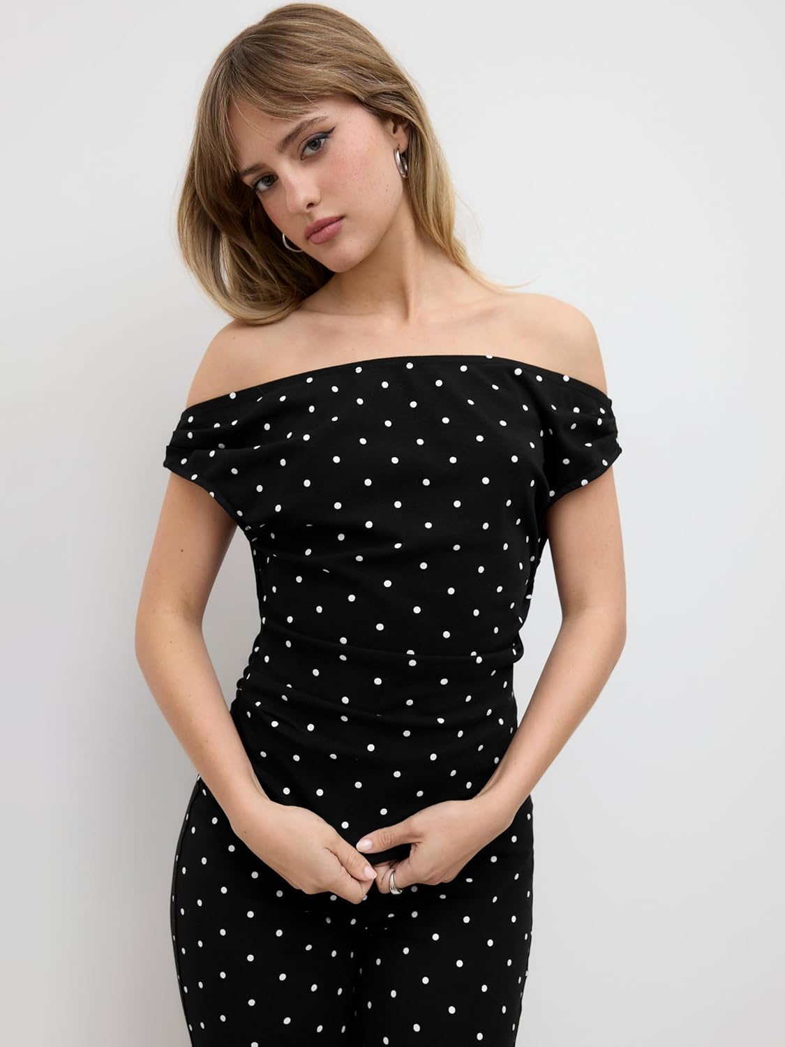 CIDER Tank Tops for Women Off The Shoulder Polka Dot Ruched Knit Top Cute Short Sleeve Going Out Tops