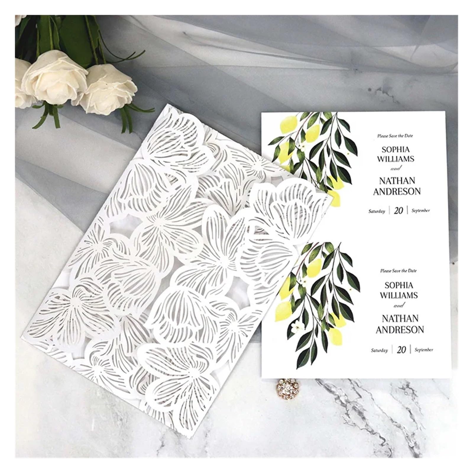 Invitaciones Boda 25/50pcs Wedding Invitations Card Elegant Rose Flower Fold Greeting Birthday Engagement Party Decoration(Blue Cover and inner,50pcs)